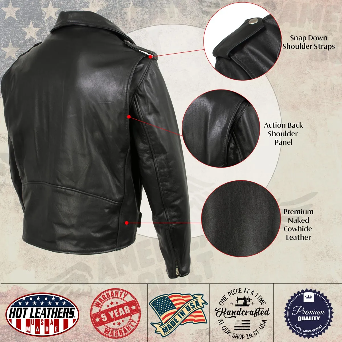 Hot Leathers JKM5009 USA Made Men's 'The Dean' Black Premium Leather Throwback Motorcycle Jacket