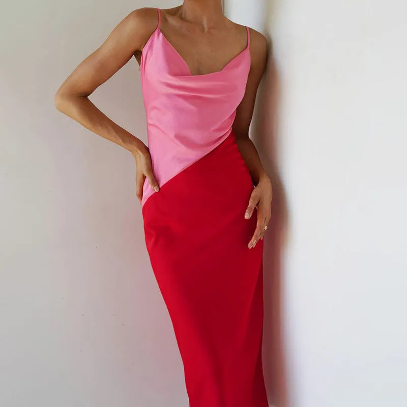 Irregular Colorblock Satin Slip Dress