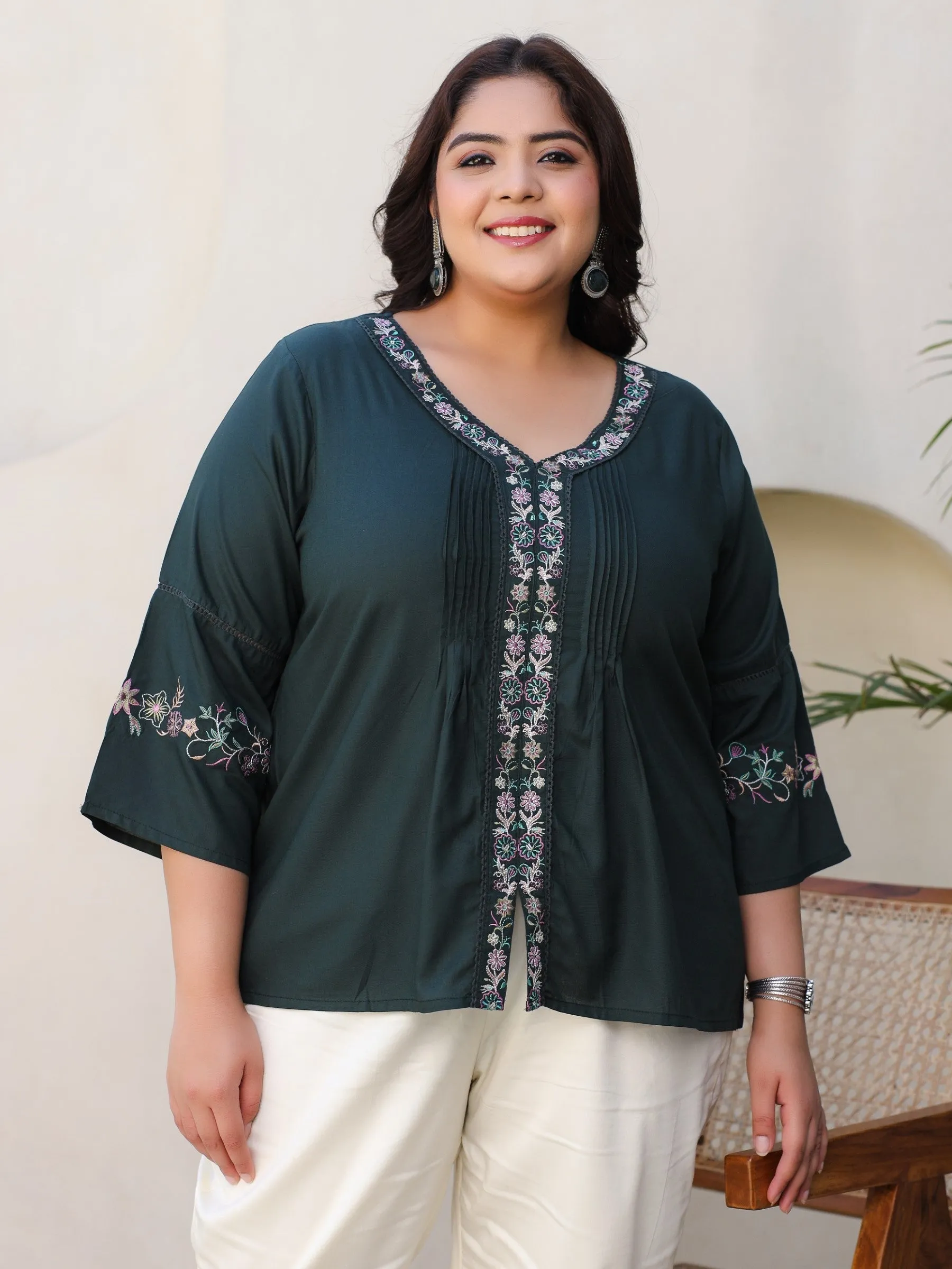 Jashvi Green Modal Rayon Embroidered Plus Size Tunic With Pintucks At Front