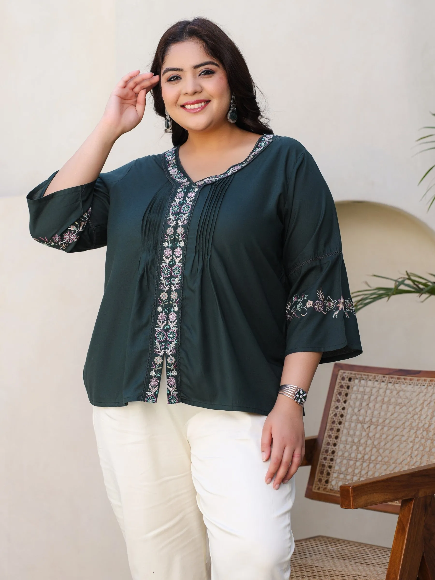 Jashvi Green Modal Rayon Embroidered Plus Size Tunic With Pintucks At Front