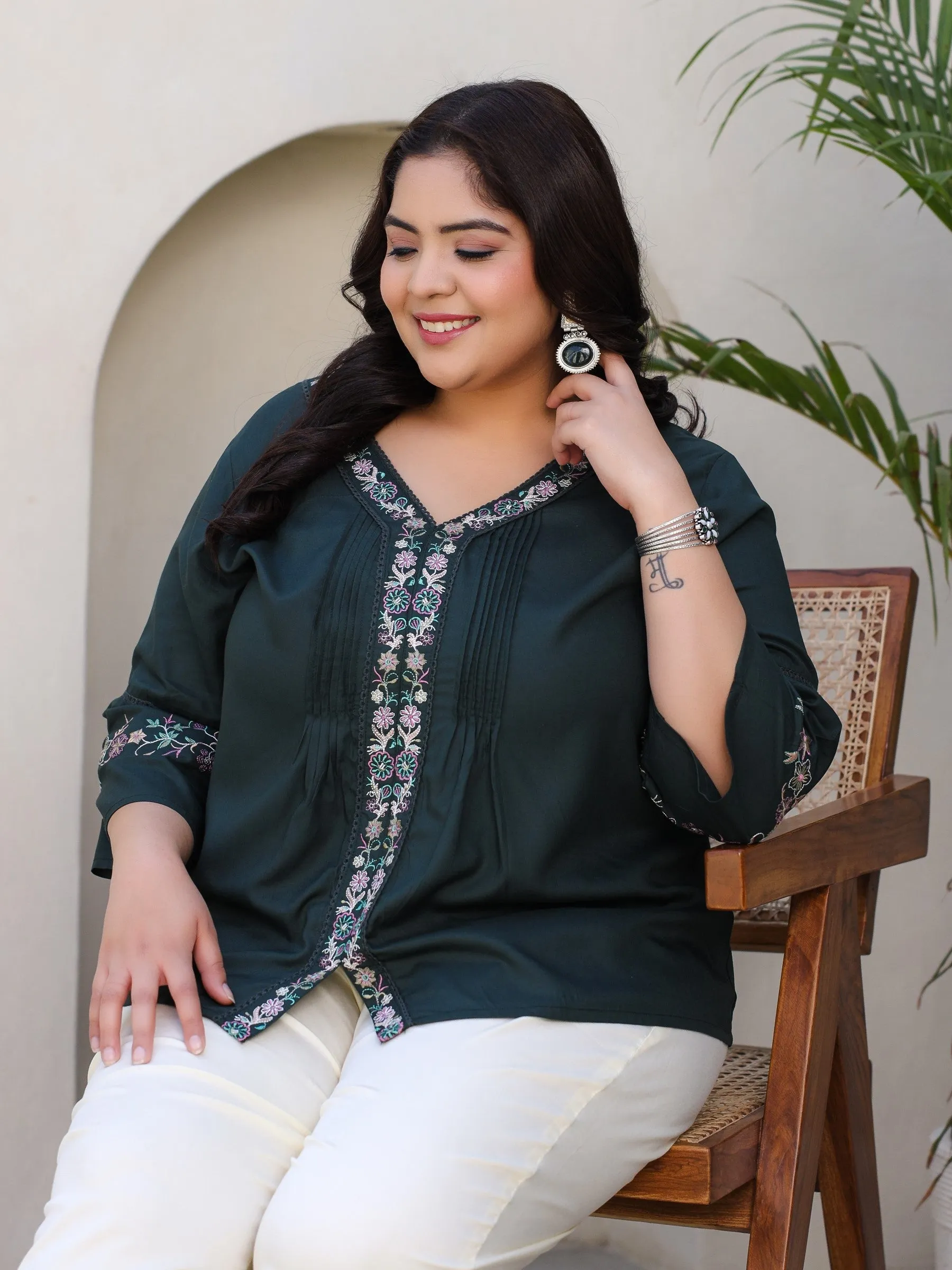 Jashvi Green Modal Rayon Embroidered Plus Size Tunic With Pintucks At Front