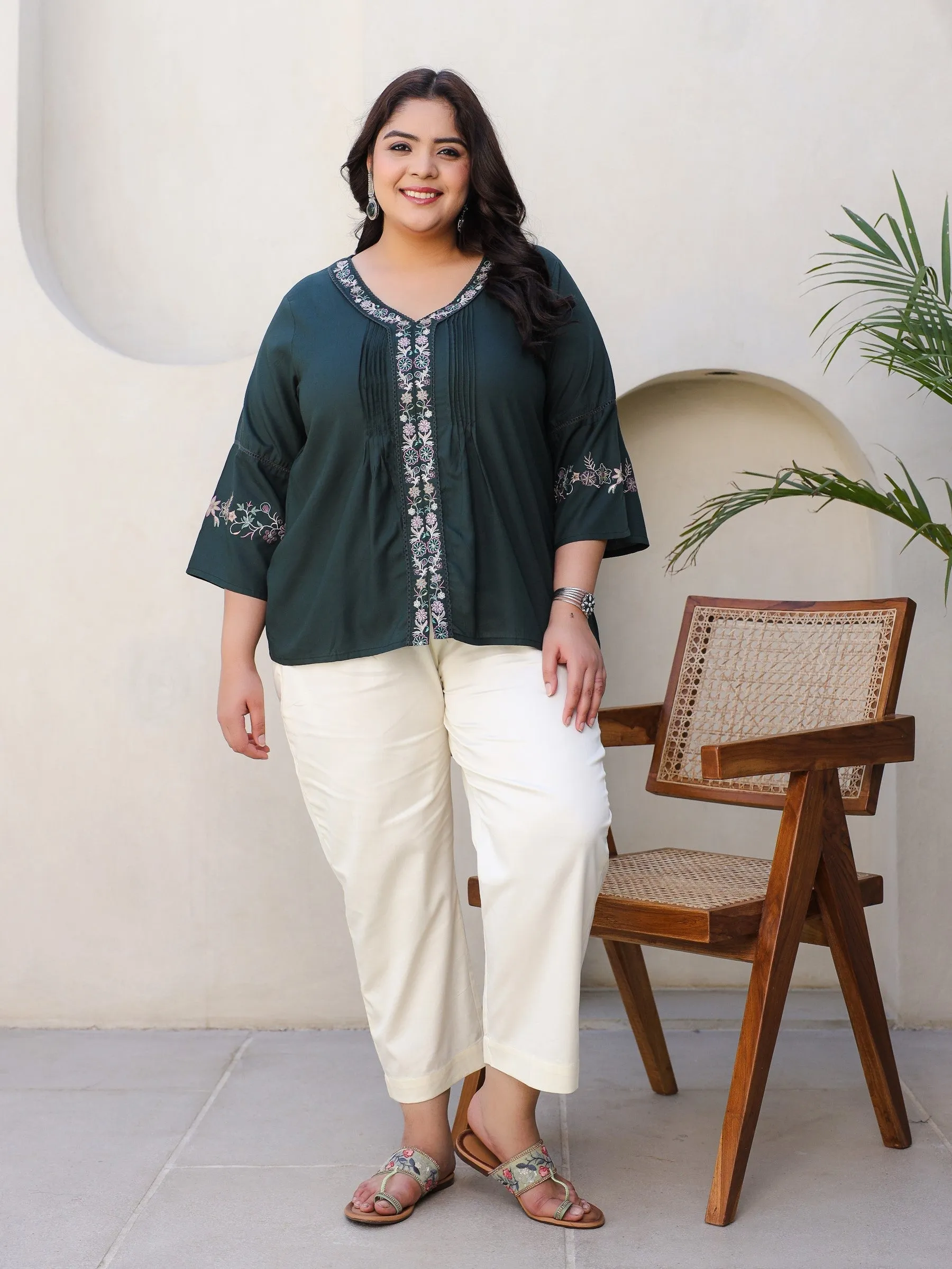 Jashvi Green Modal Rayon Embroidered Plus Size Tunic With Pintucks At Front