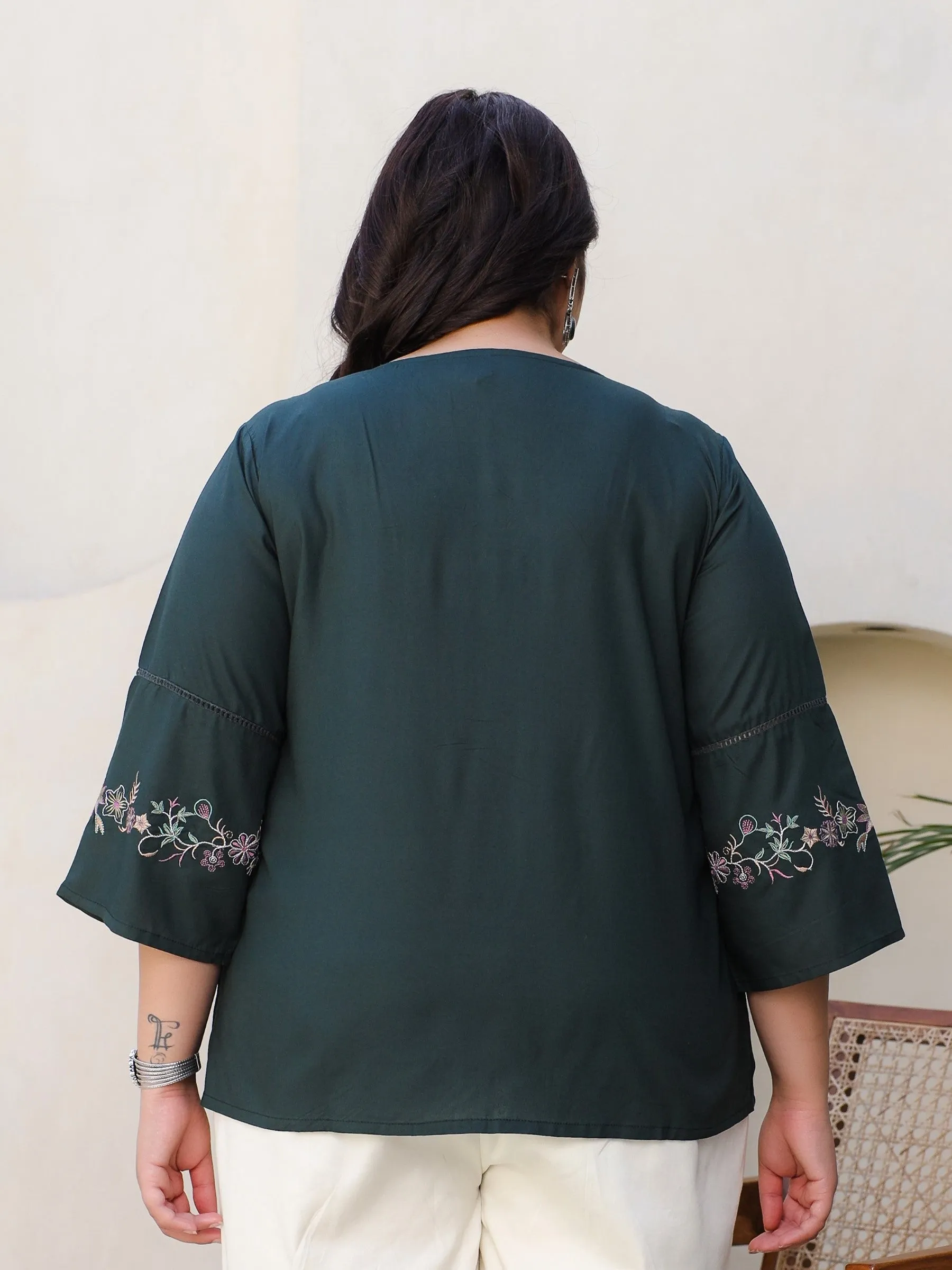 Jashvi Green Modal Rayon Embroidered Plus Size Tunic With Pintucks At Front