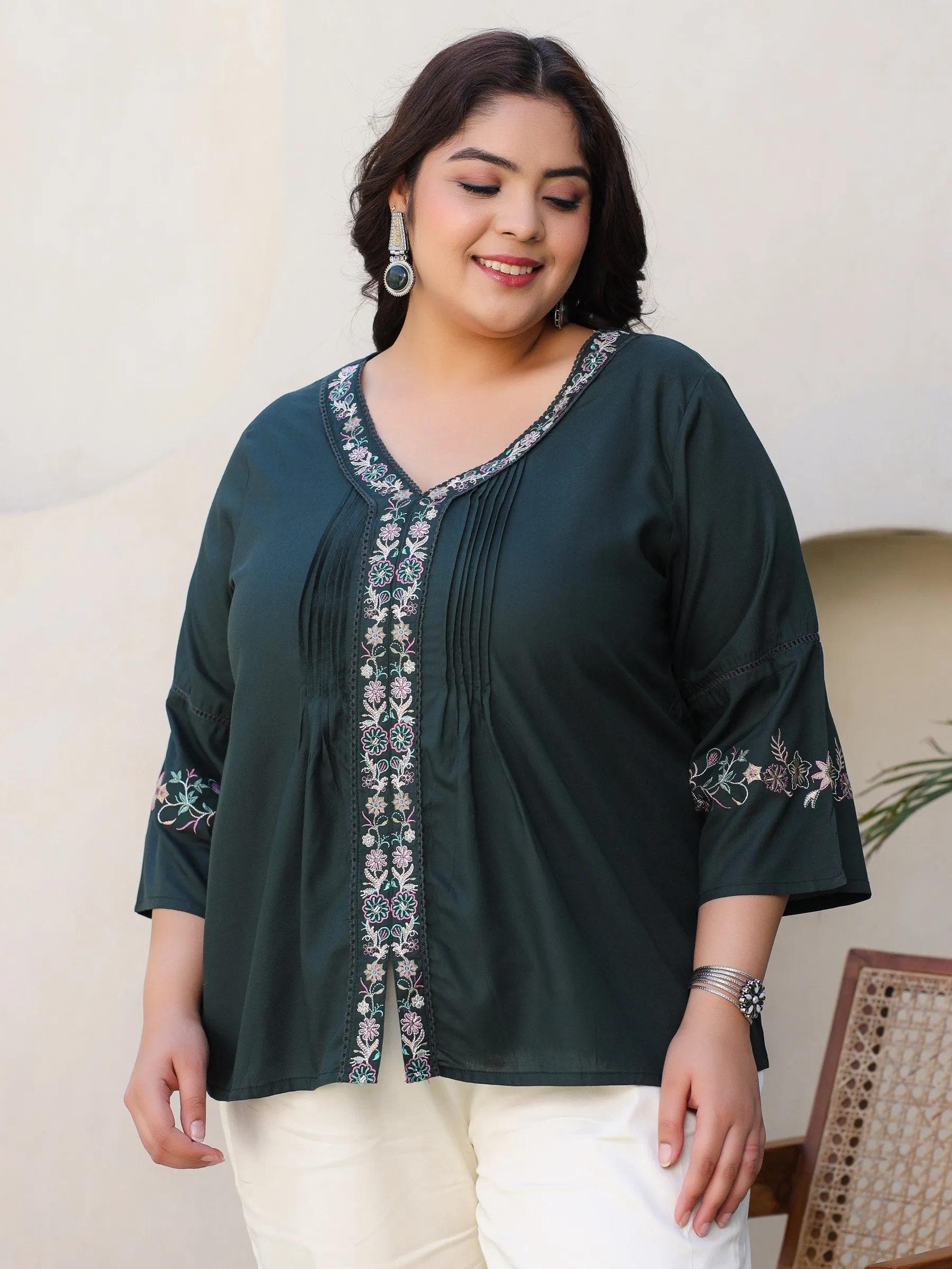 Jashvi Green Modal Rayon Embroidered Plus Size Tunic With Pintucks At Front