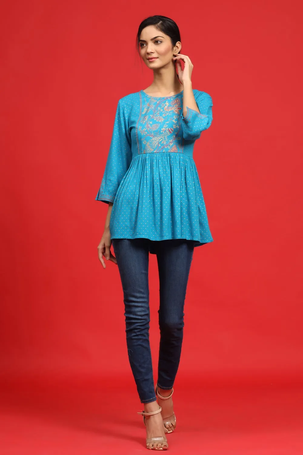 Jashvi Sky Blue Polka Dot Printed Rayon Peplum Tunic