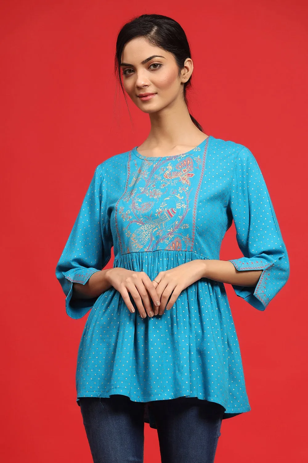 Jashvi Sky Blue Polka Dot Printed Rayon Peplum Tunic