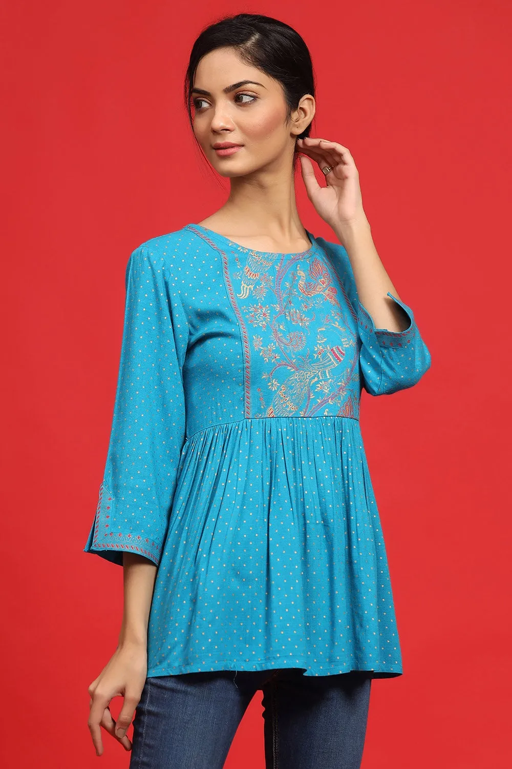 Jashvi Sky Blue Polka Dot Printed Rayon Peplum Tunic