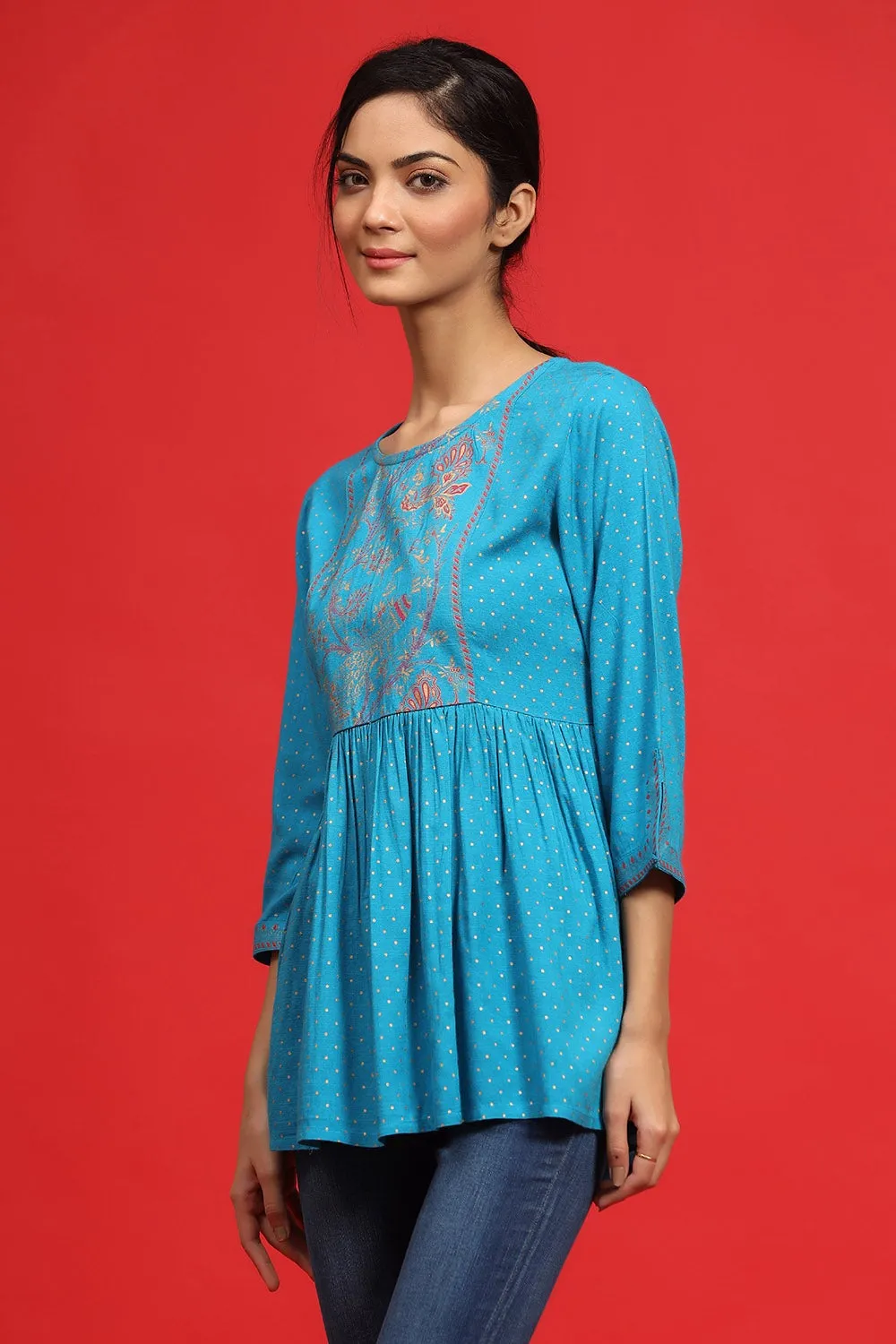 Jashvi Sky Blue Polka Dot Printed Rayon Peplum Tunic