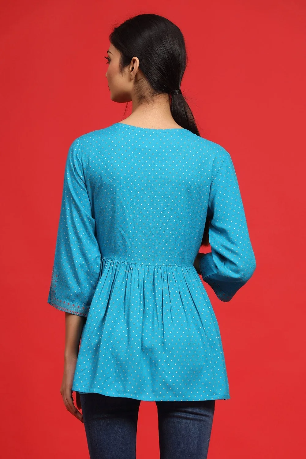 Jashvi Sky Blue Polka Dot Printed Rayon Peplum Tunic