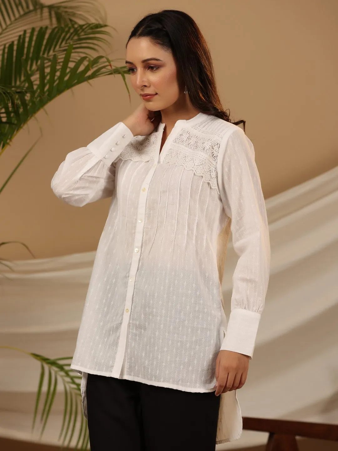 Jashvi White Solid Cotton Dobby High- Low Lacy Tunic With Pin Tucks & Broad Cuffs