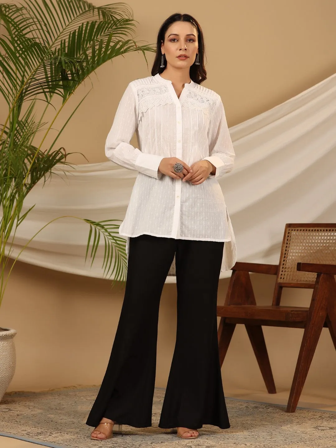 Jashvi White Solid Cotton Dobby High- Low Lacy Tunic With Pin Tucks & Broad Cuffs