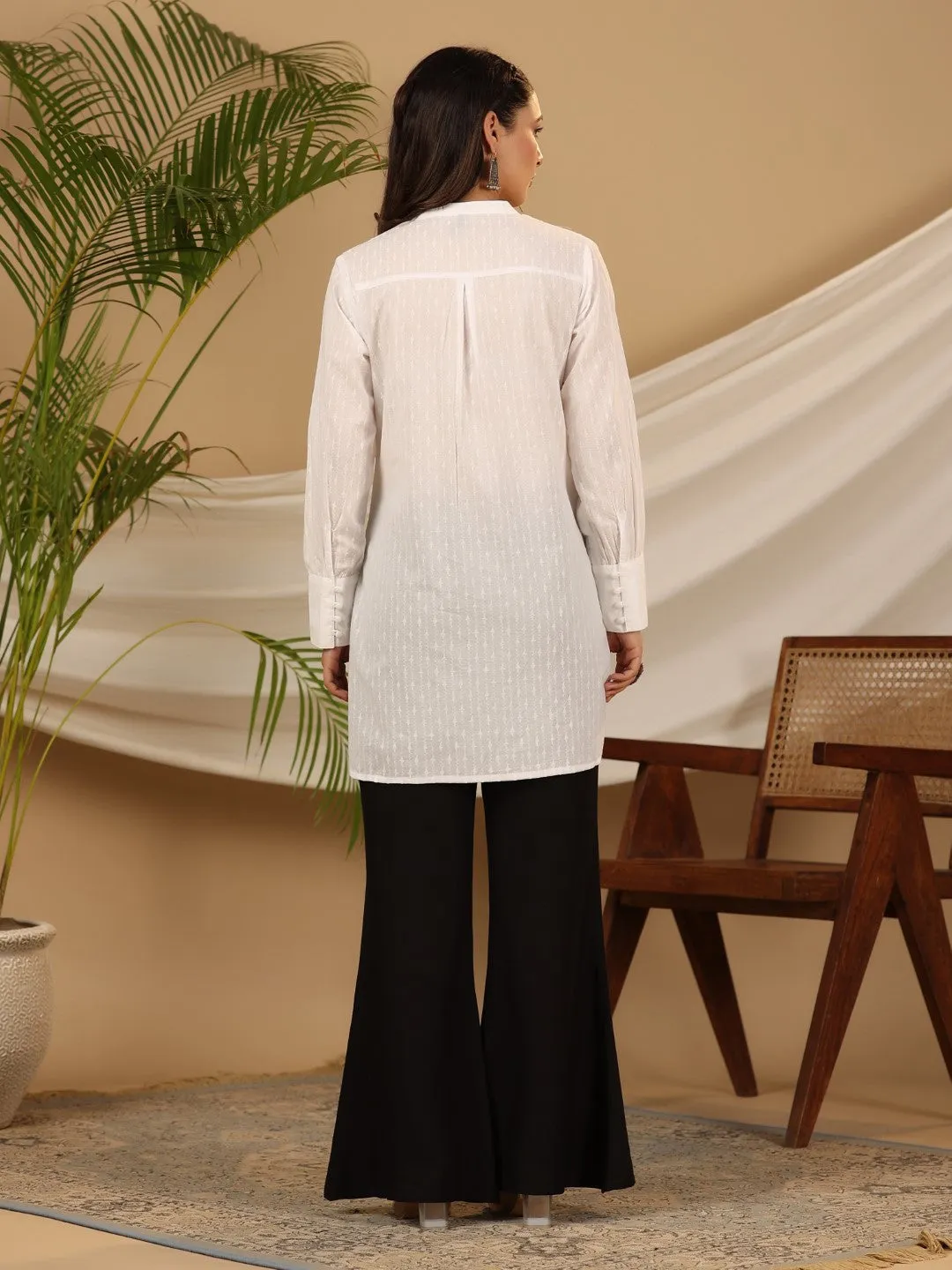 Jashvi White Solid Cotton Dobby High- Low Lacy Tunic With Pin Tucks & Broad Cuffs