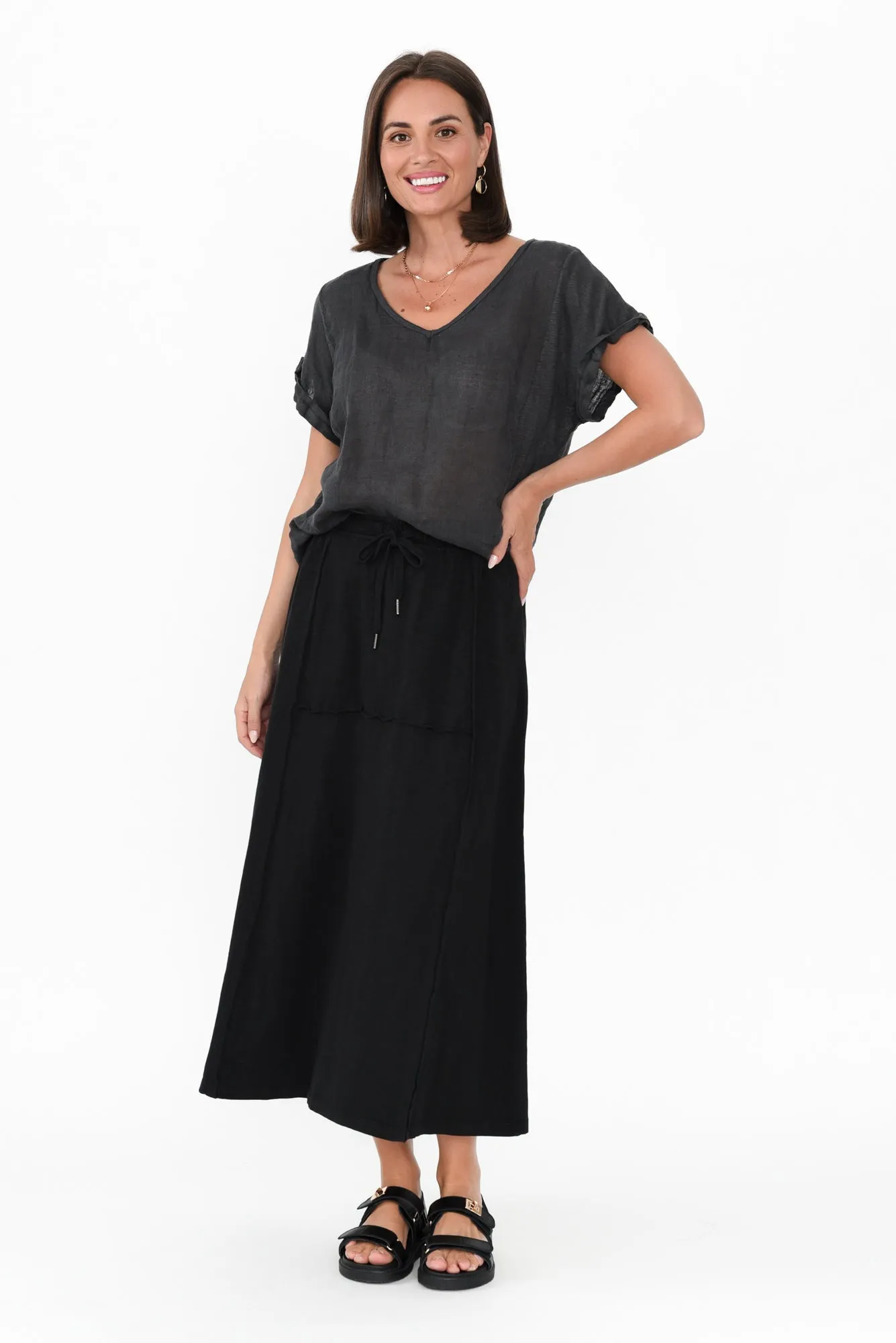 Jayne Black Cotton Drawstring Skirt