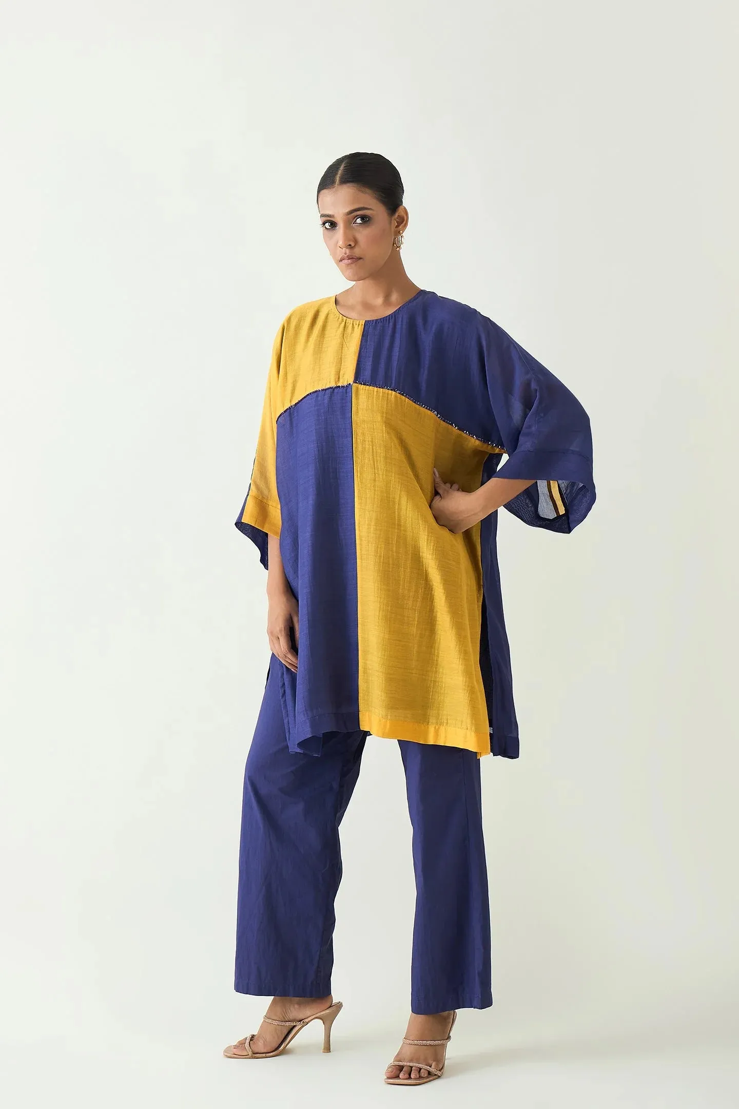 Jeeva: Cotton Silk colour block check sequin tunic set- Purple/Mustard