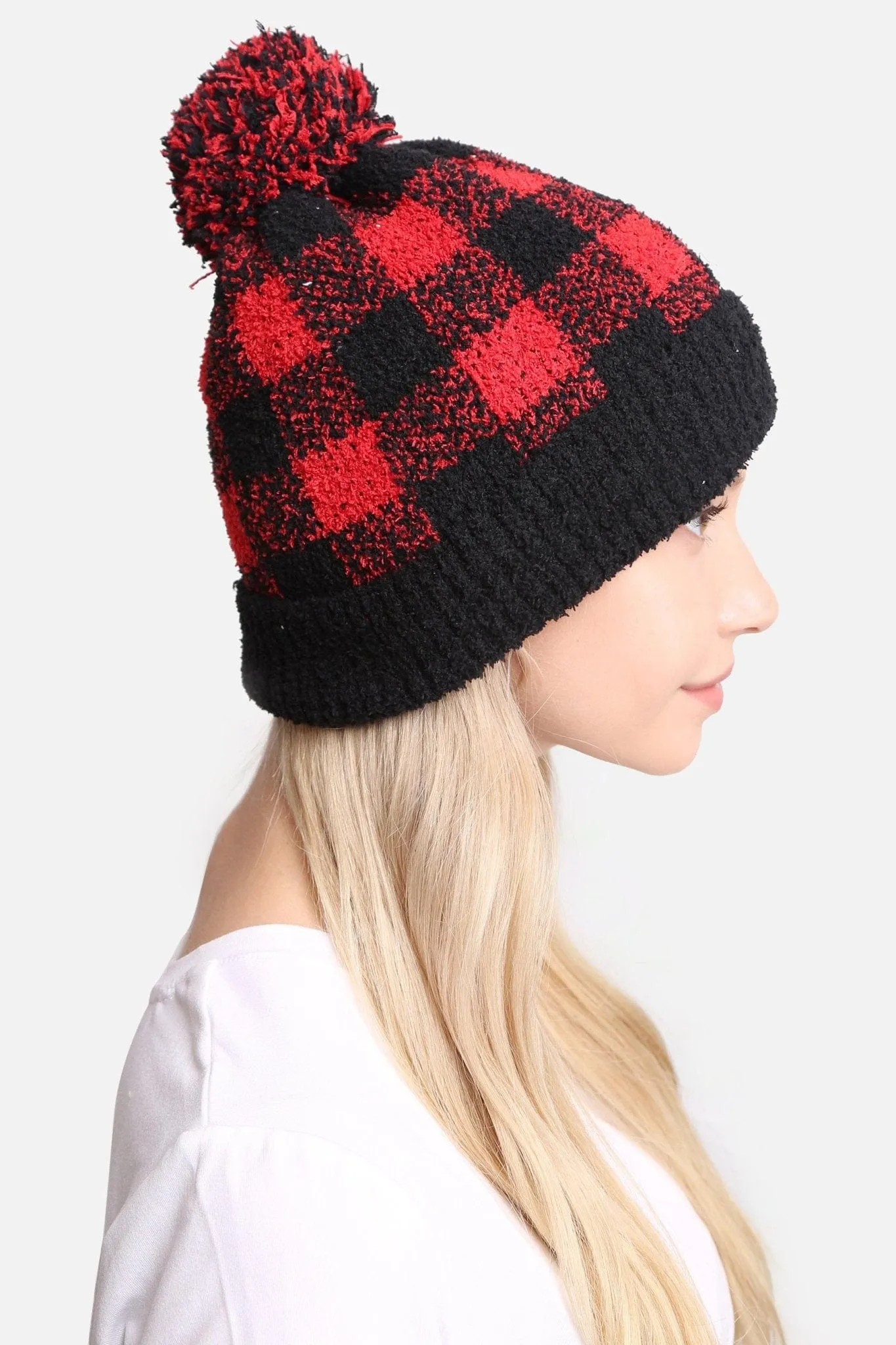 JH277 Buffalo Plaid Beanie With Pom-Pom