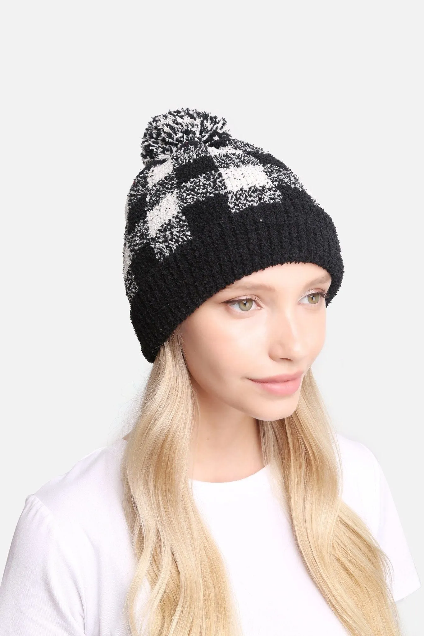 JH277 Buffalo Plaid Beanie With Pom-Pom