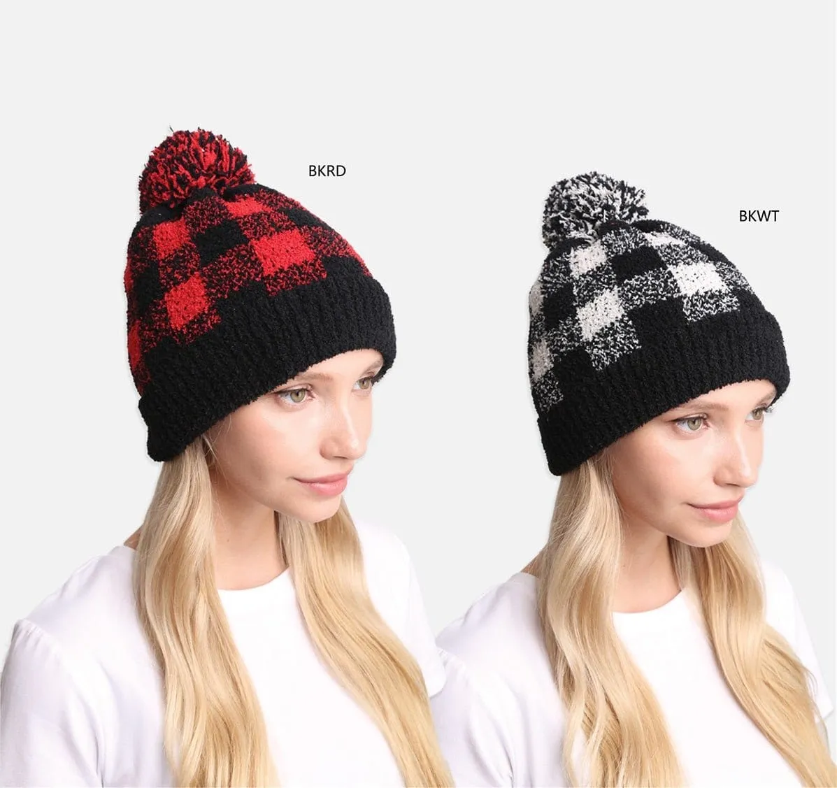 JH277 Buffalo Plaid Beanie With Pom-Pom