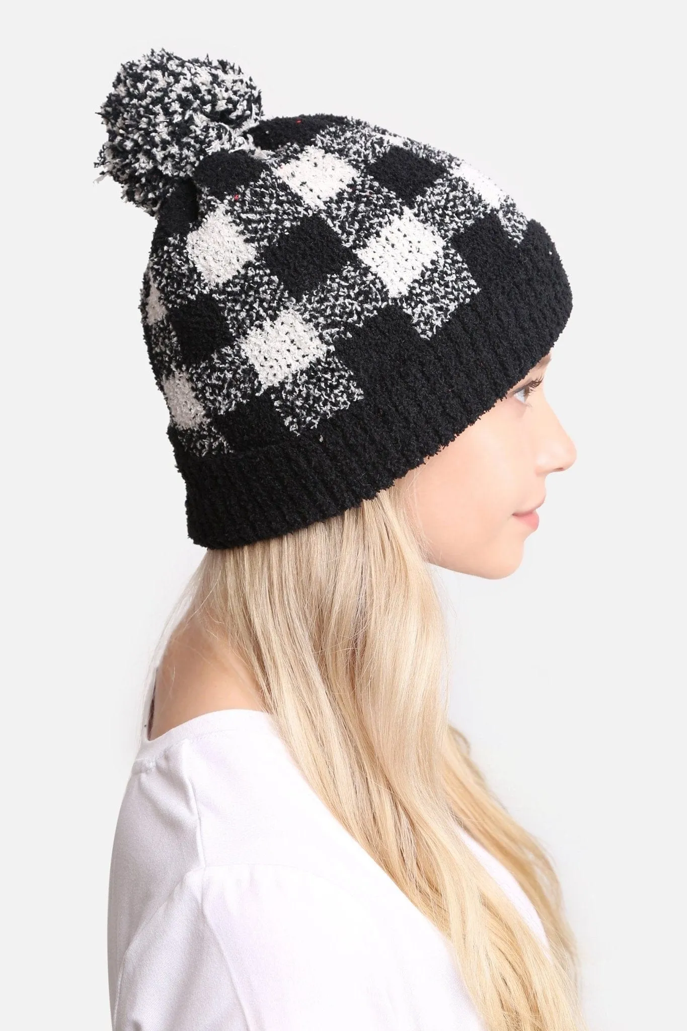 JH277 Buffalo Plaid Beanie With Pom-Pom