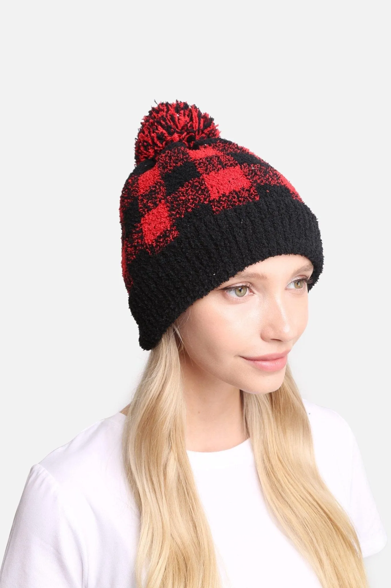 JH277 Buffalo Plaid Beanie With Pom-Pom