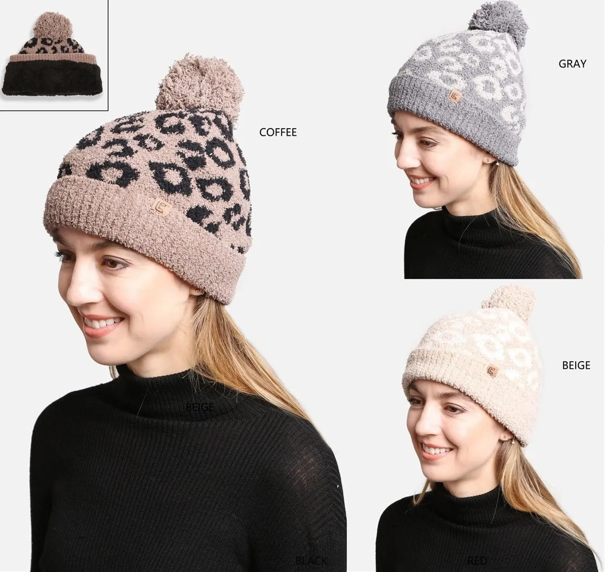 JH301 Super Lux Cuffed Pom Leopard Beanie