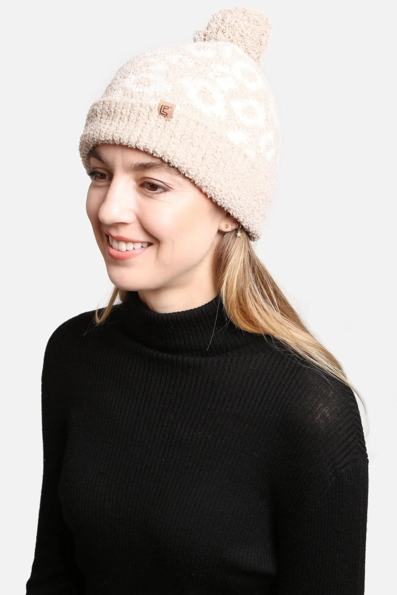 JH301 Super Lux Cuffed Pom Leopard Beanie