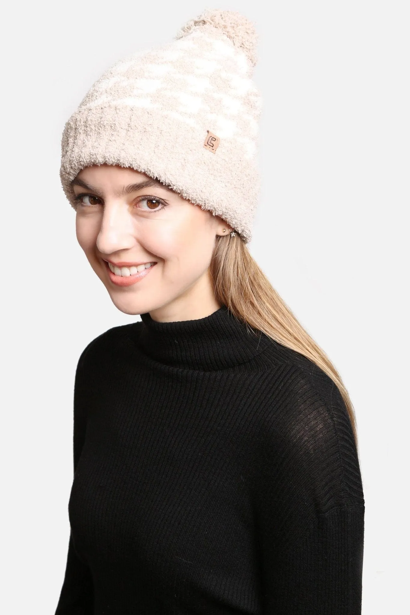 JH302 Houndstooth Super Lux Cuffed Pom-Pom Beanie