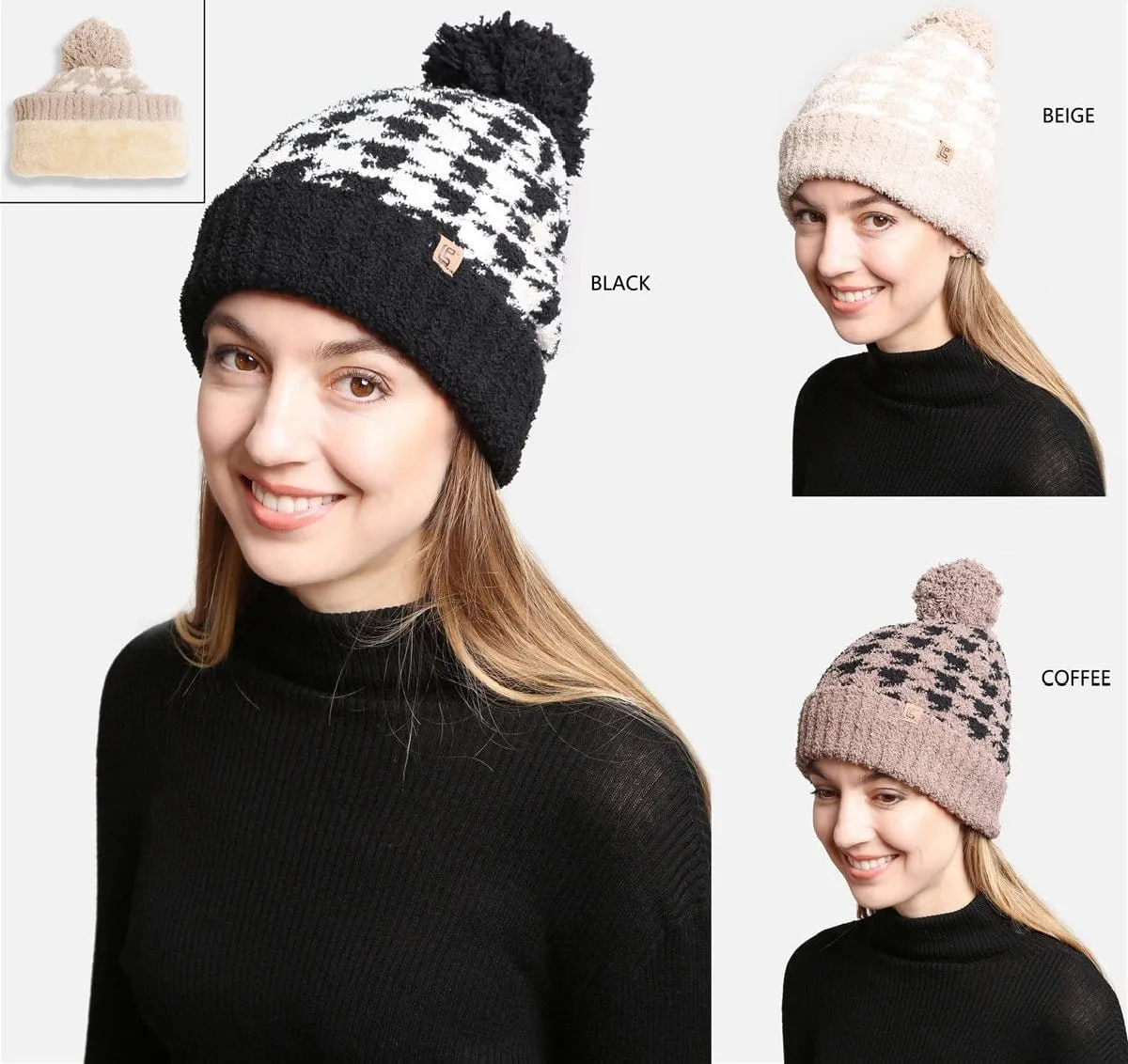 JH302 Houndstooth Super Lux Cuffed Pom-Pom Beanie