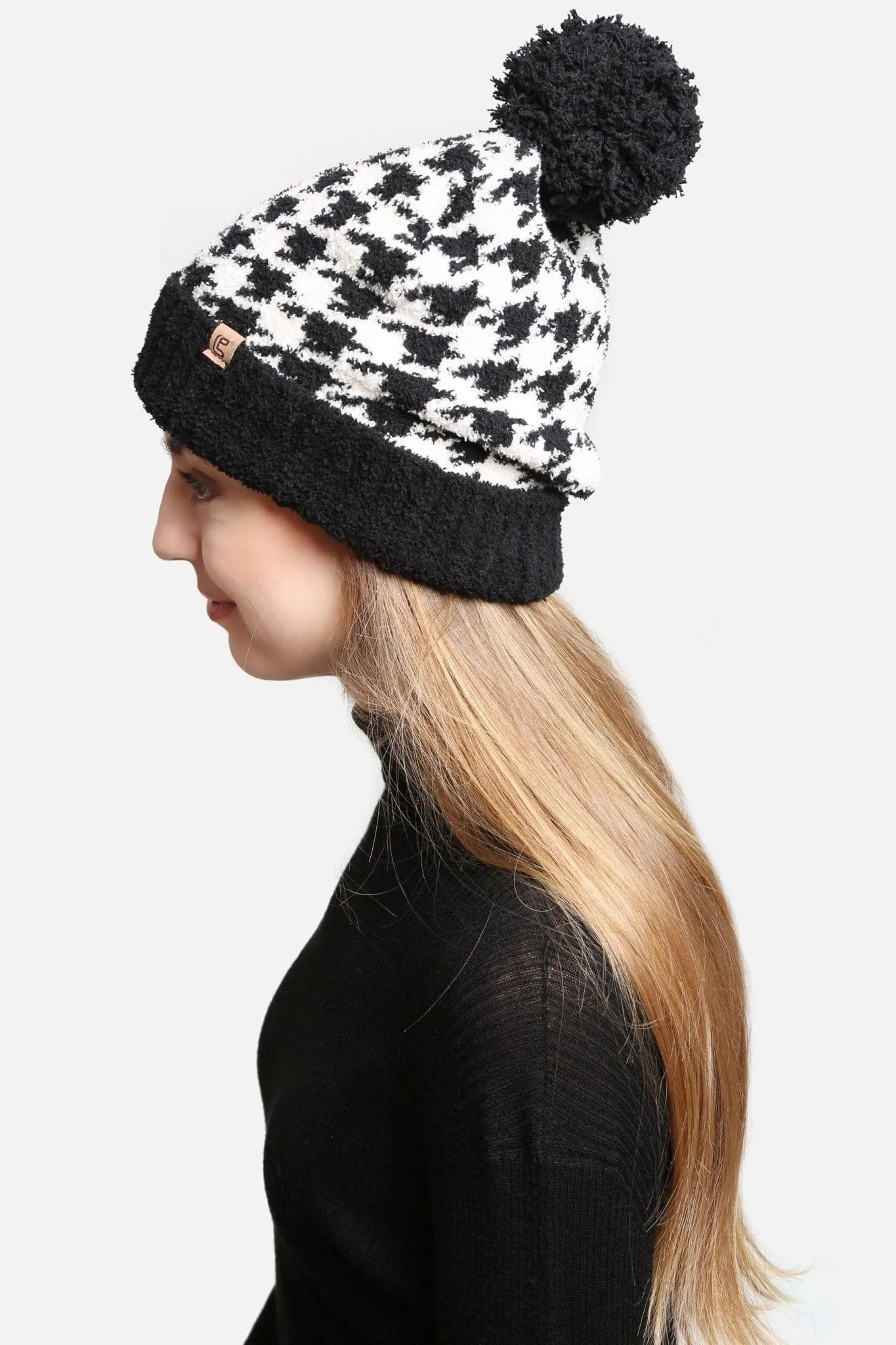 JH302 Houndstooth Super Lux Cuffed Pom-Pom Beanie