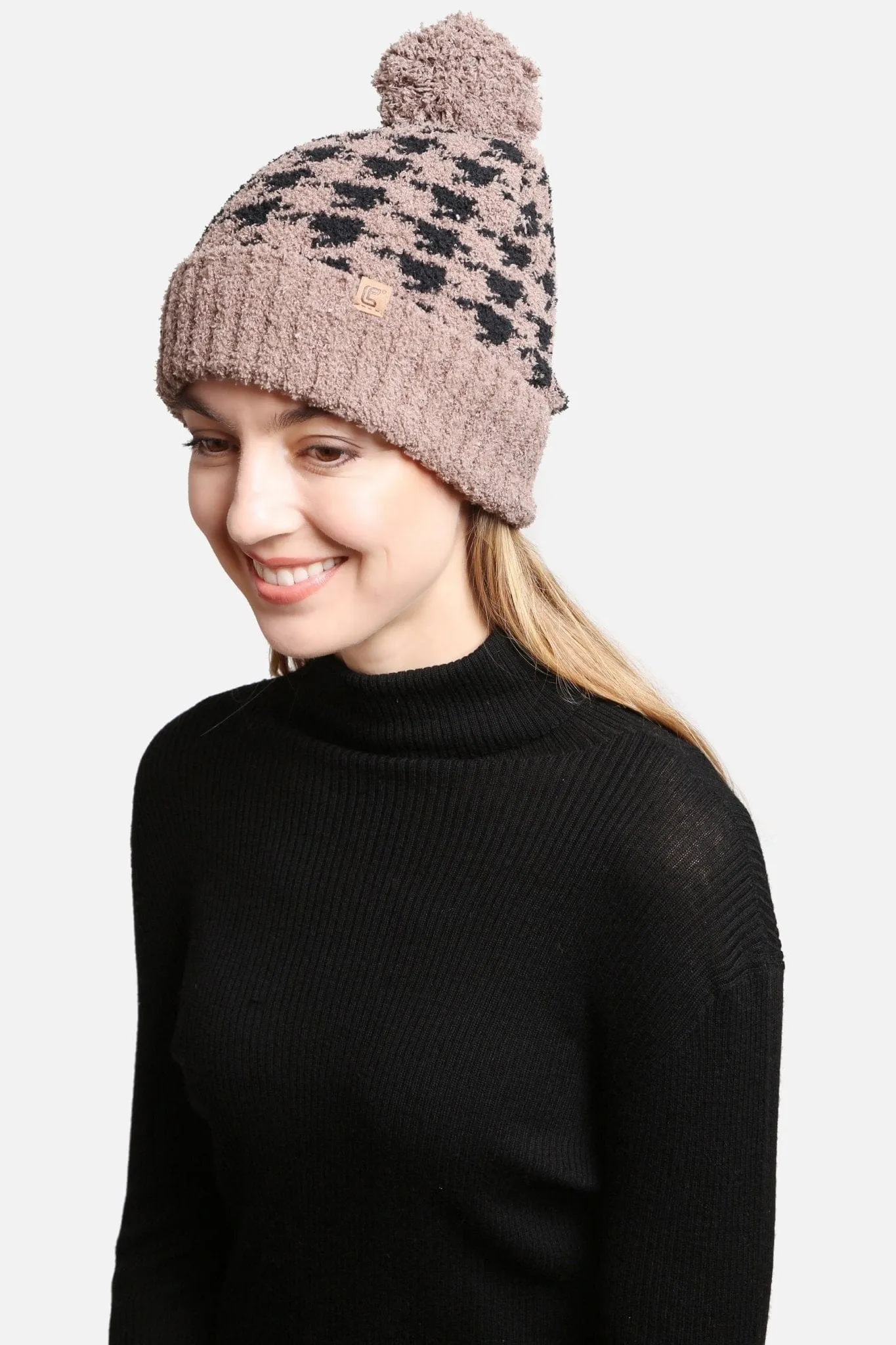 JH302 Houndstooth Super Lux Cuffed Pom-Pom Beanie