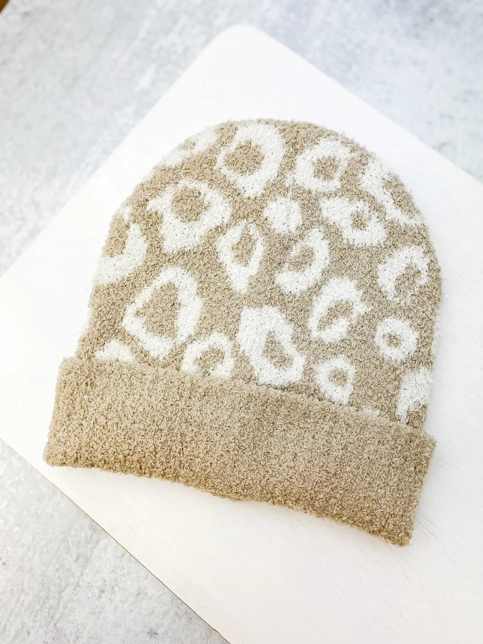 Kids Luxury Cozy Printed Beanie - Beige Leopard