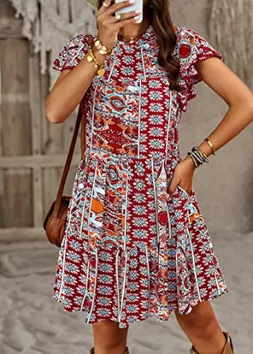 KIRUNDO 2023 Summer Women's Boho Tribal Print Mini Dress Casual Loose Short Sleeve Round Neck Shift Dresses(Boho-Wine Red, Medium)