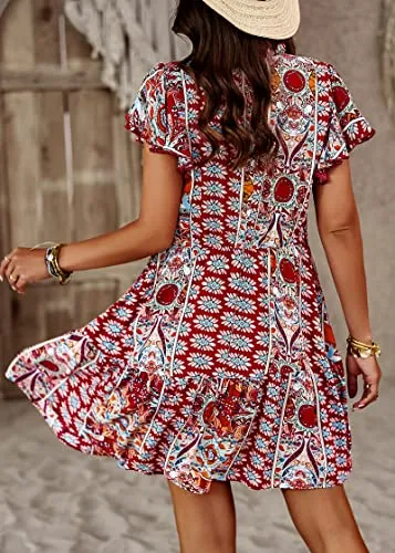 KIRUNDO 2023 Summer Women's Boho Tribal Print Mini Dress Casual Loose Short Sleeve Round Neck Shift Dresses(Boho-Wine Red, Medium)