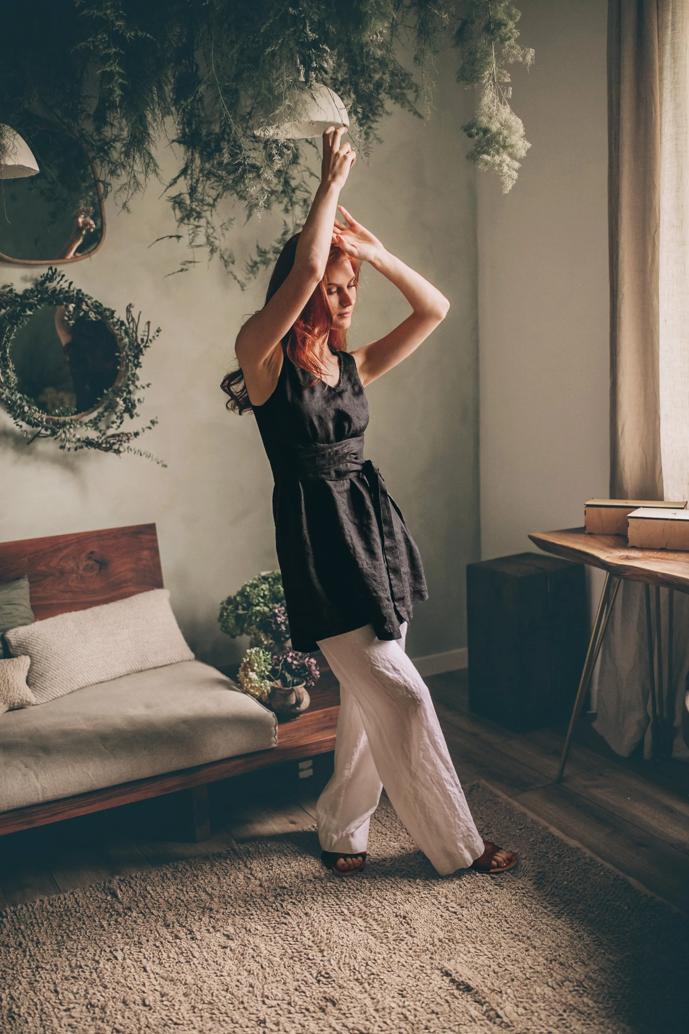 Linen Tunic Top with Tie Belt