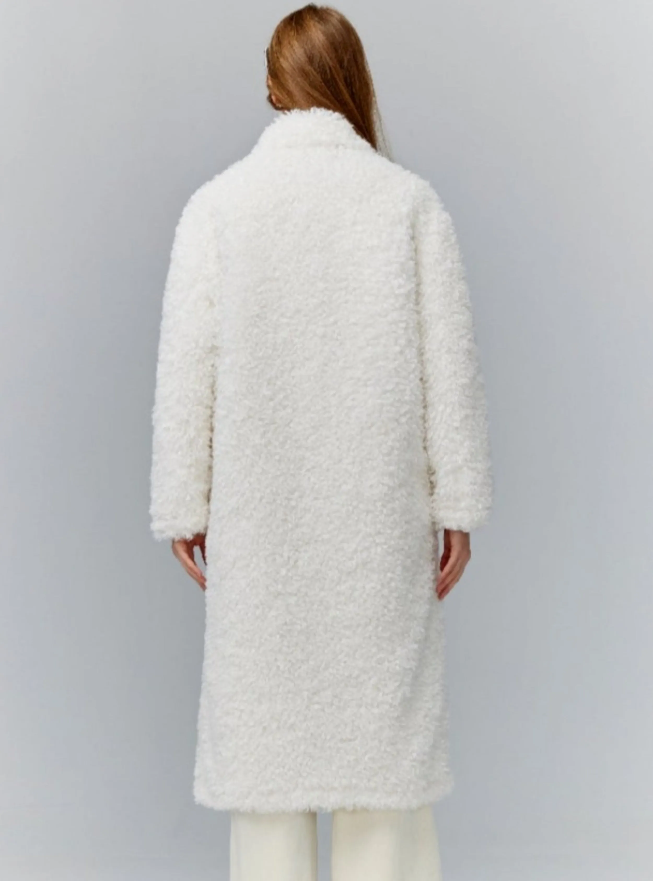 Luxurious White Teddy Bear Coat: Double-Breasted Faux Fur Longline Outerwear