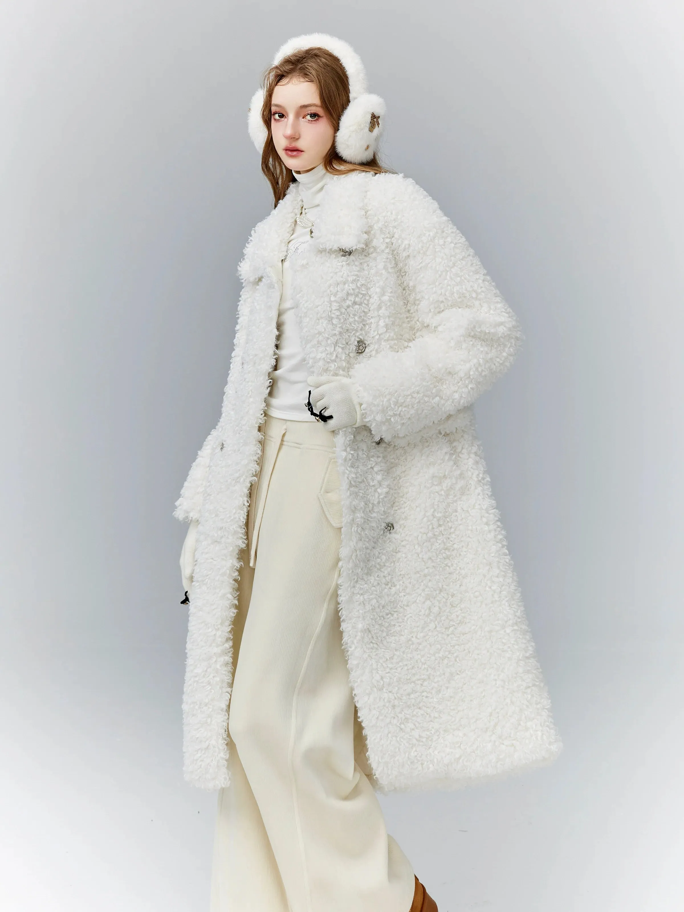 Luxurious White Teddy Bear Coat: Double-Breasted Faux Fur Longline Outerwear