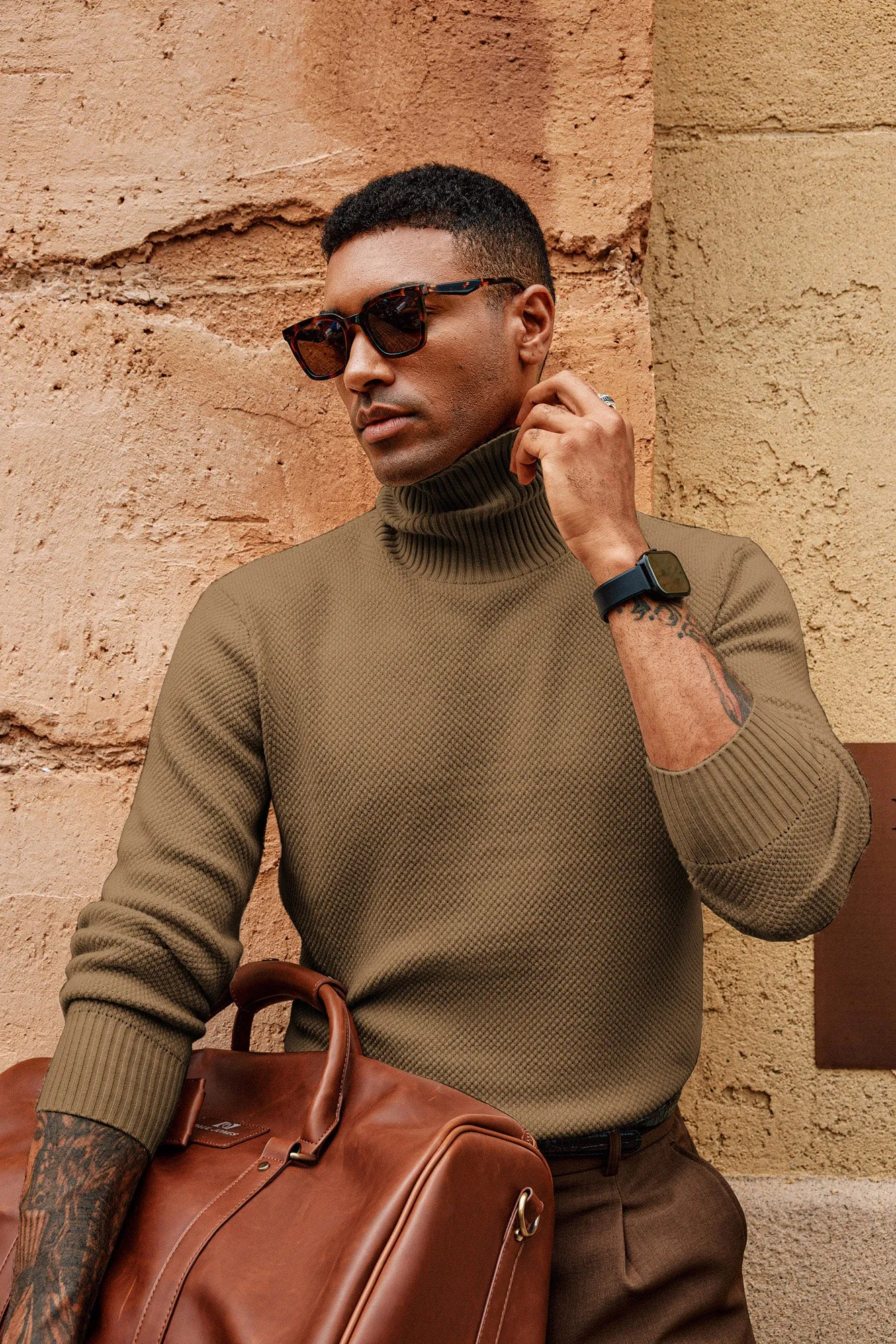 Men Turtleneck Sweater Long Sleeve Ribbed Cuff Textured Pullover Jumper