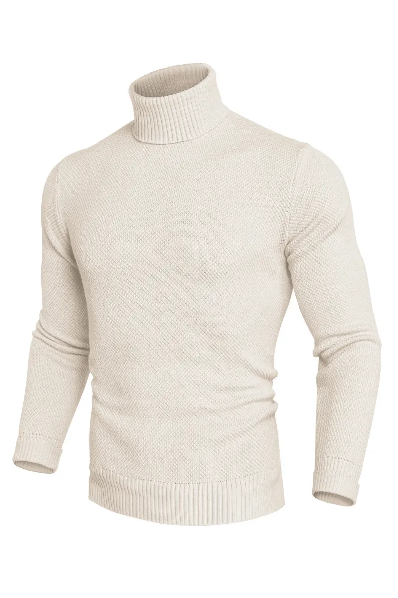 Men Turtleneck Sweater Long Sleeve Ribbed Cuff Textured Pullover Jumper