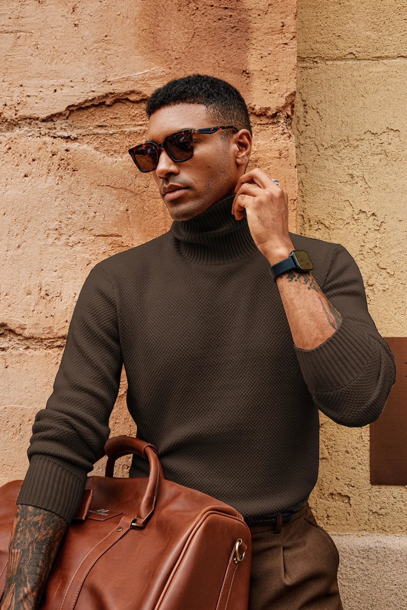 Men Turtleneck Sweater Long Sleeve Ribbed Cuff Textured Pullover Jumper