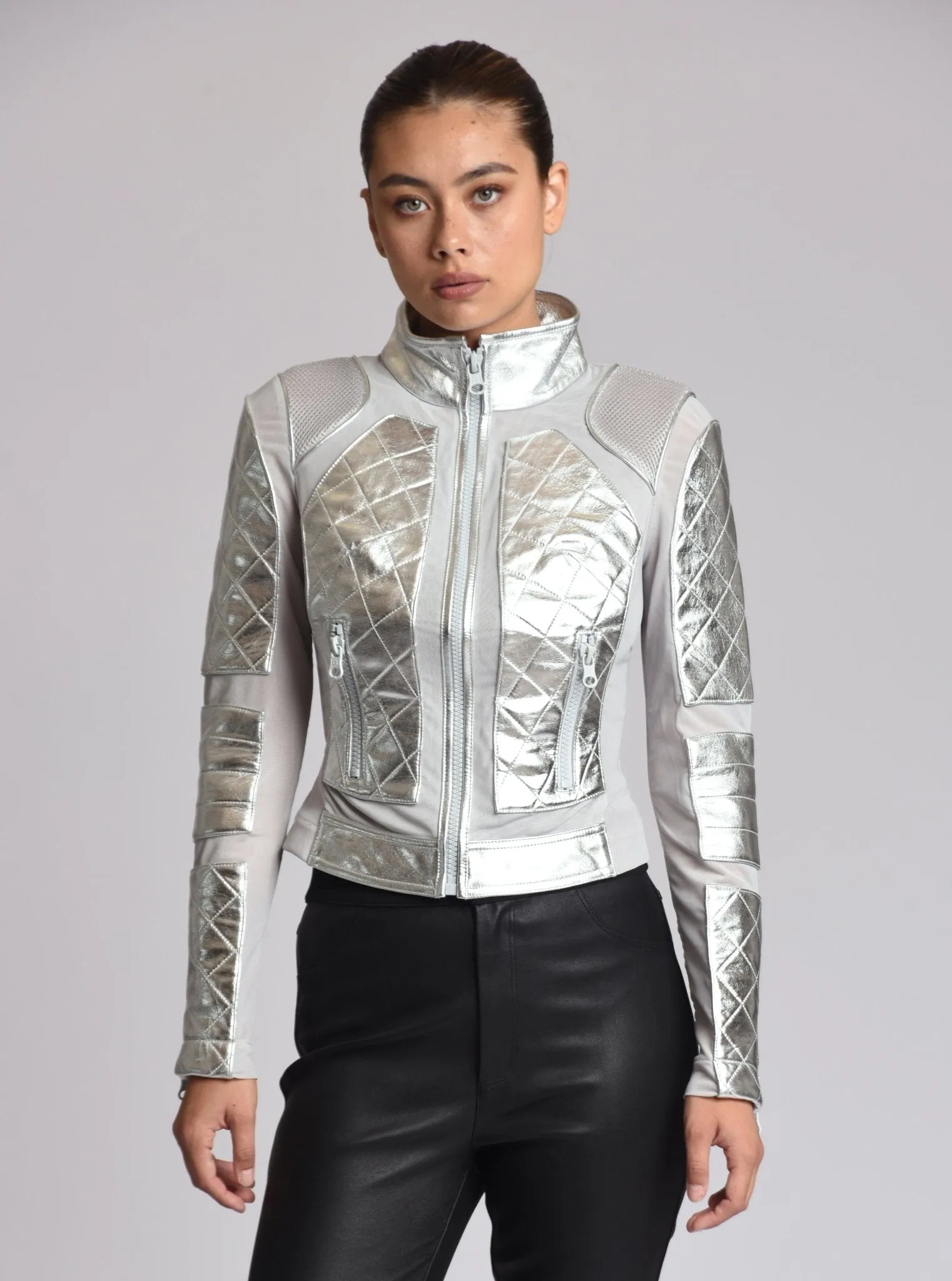 Metallic Moto Mesh Jacket - SIlver