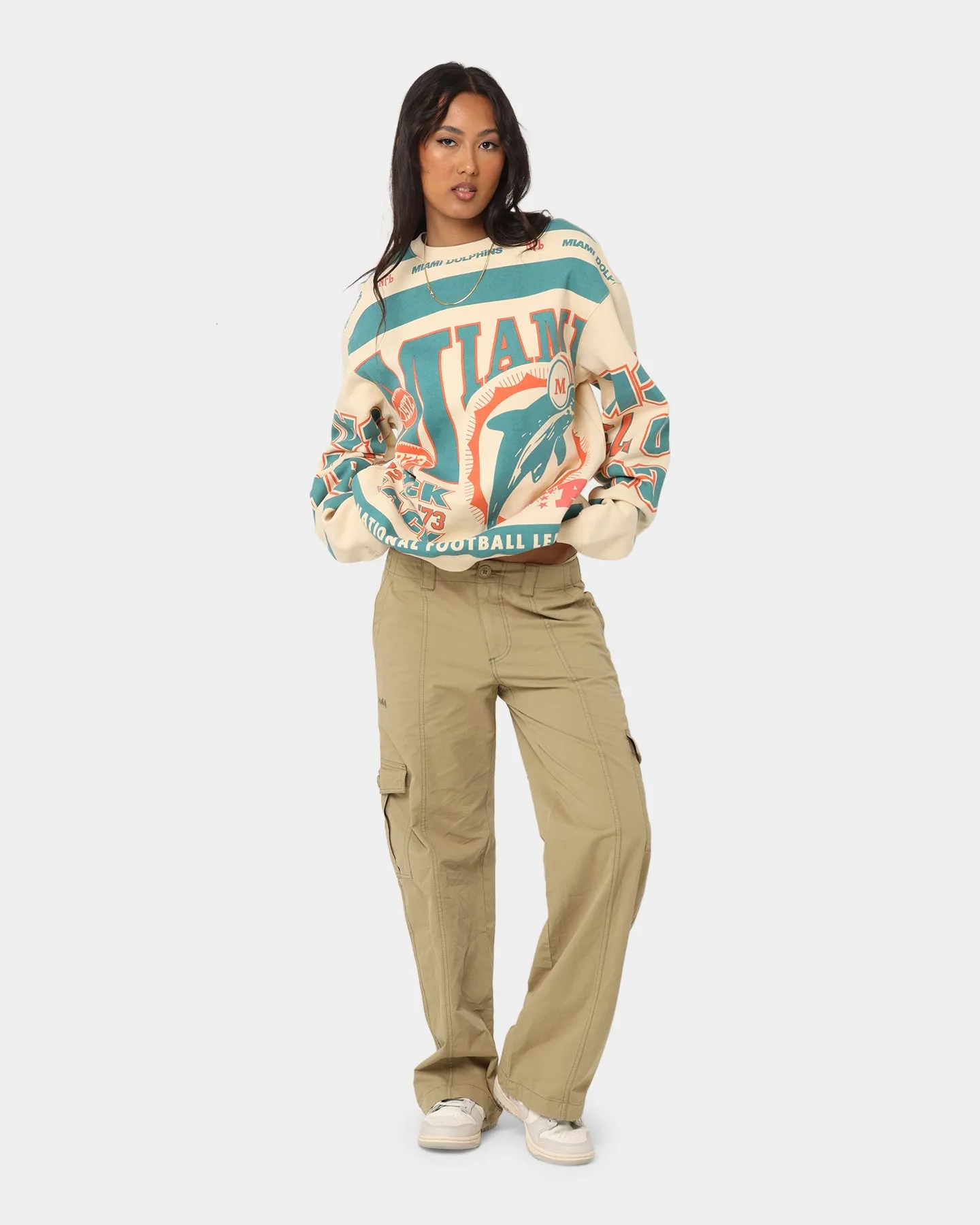 Mitchell & Ness Women's Miami Dolphins League Crewneck Stone/Teal