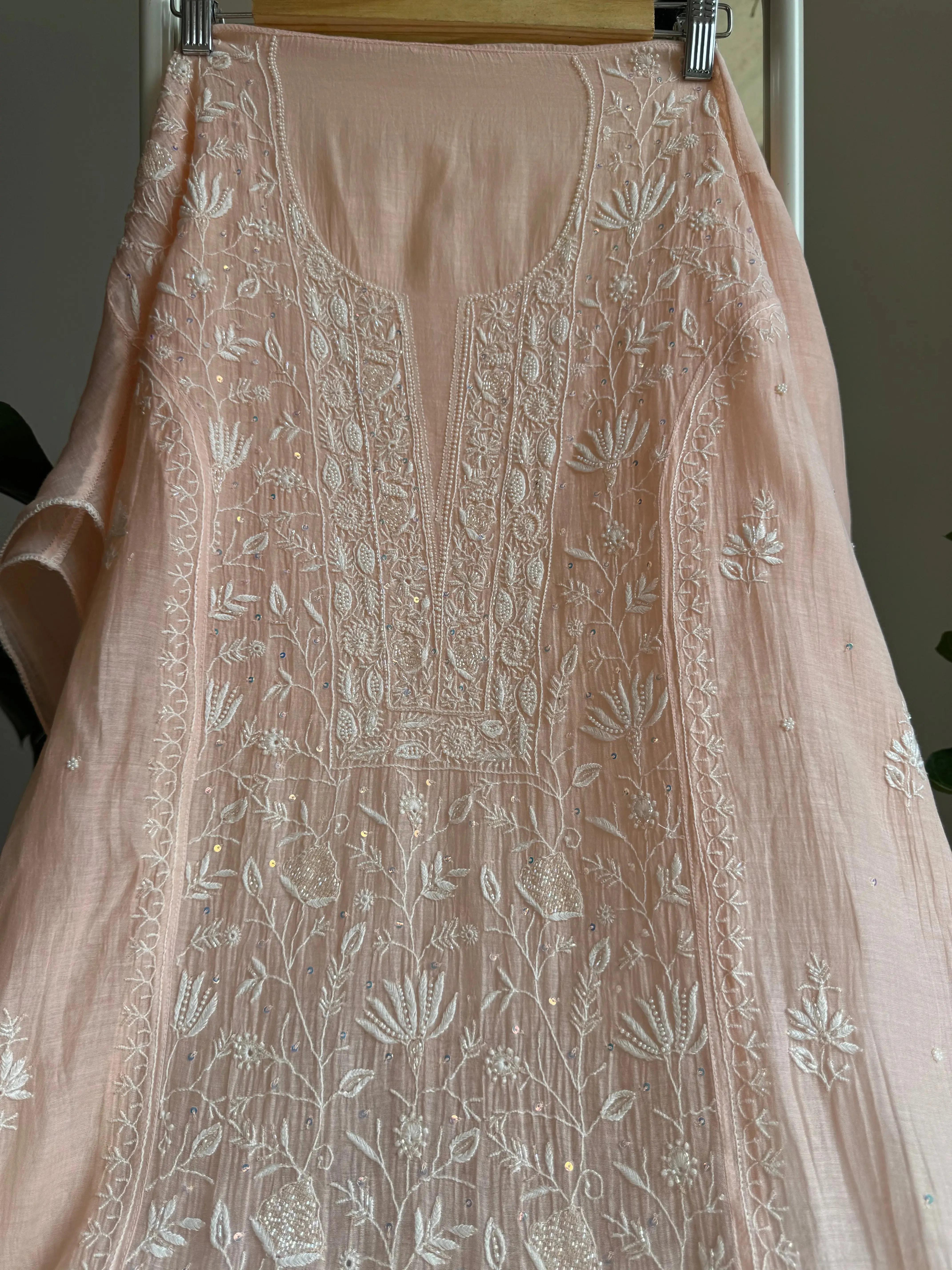 Mul Chanderi Straight Chikankari Tunic - Peach