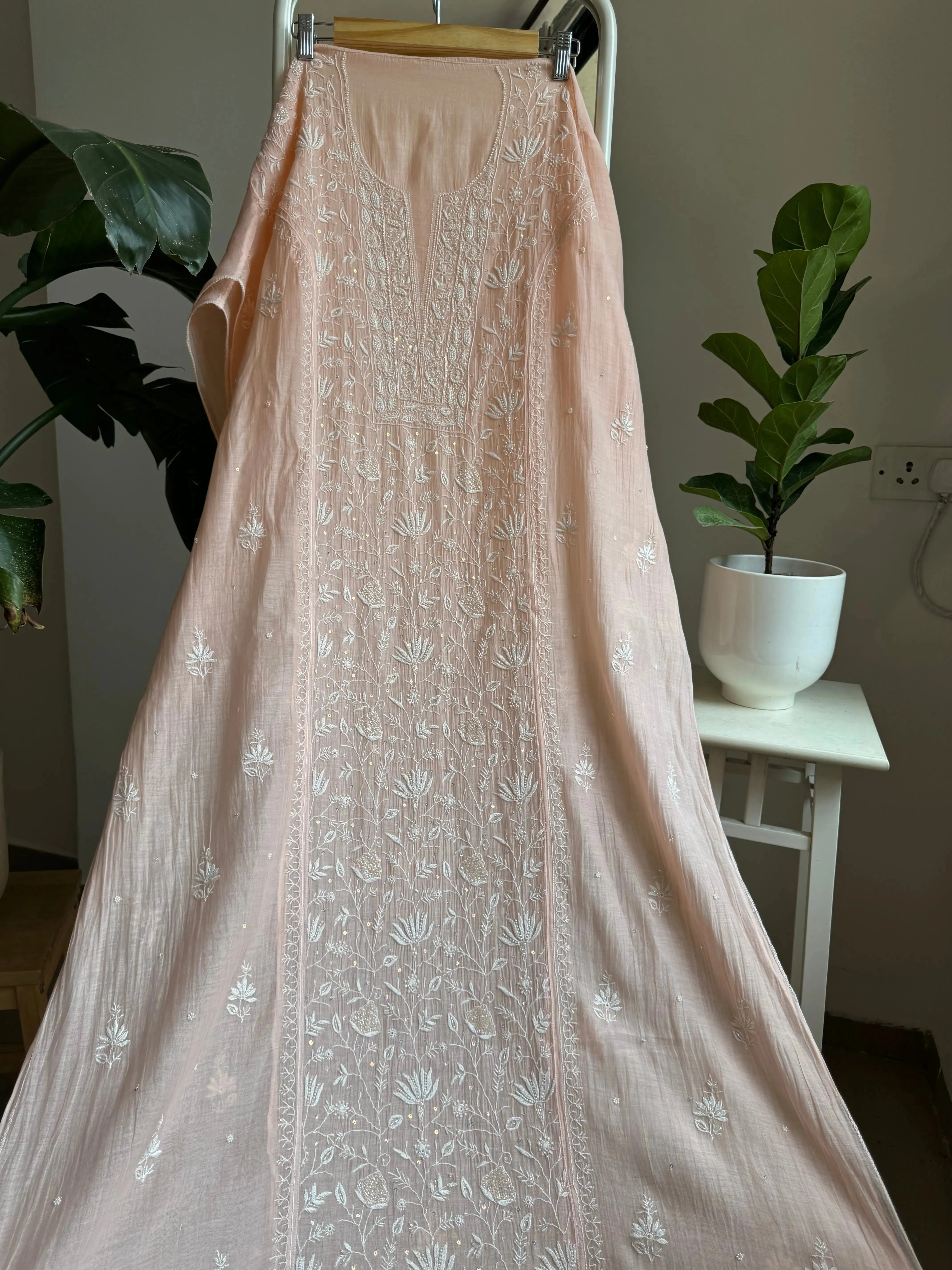 Mul Chanderi Straight Chikankari Tunic - Peach