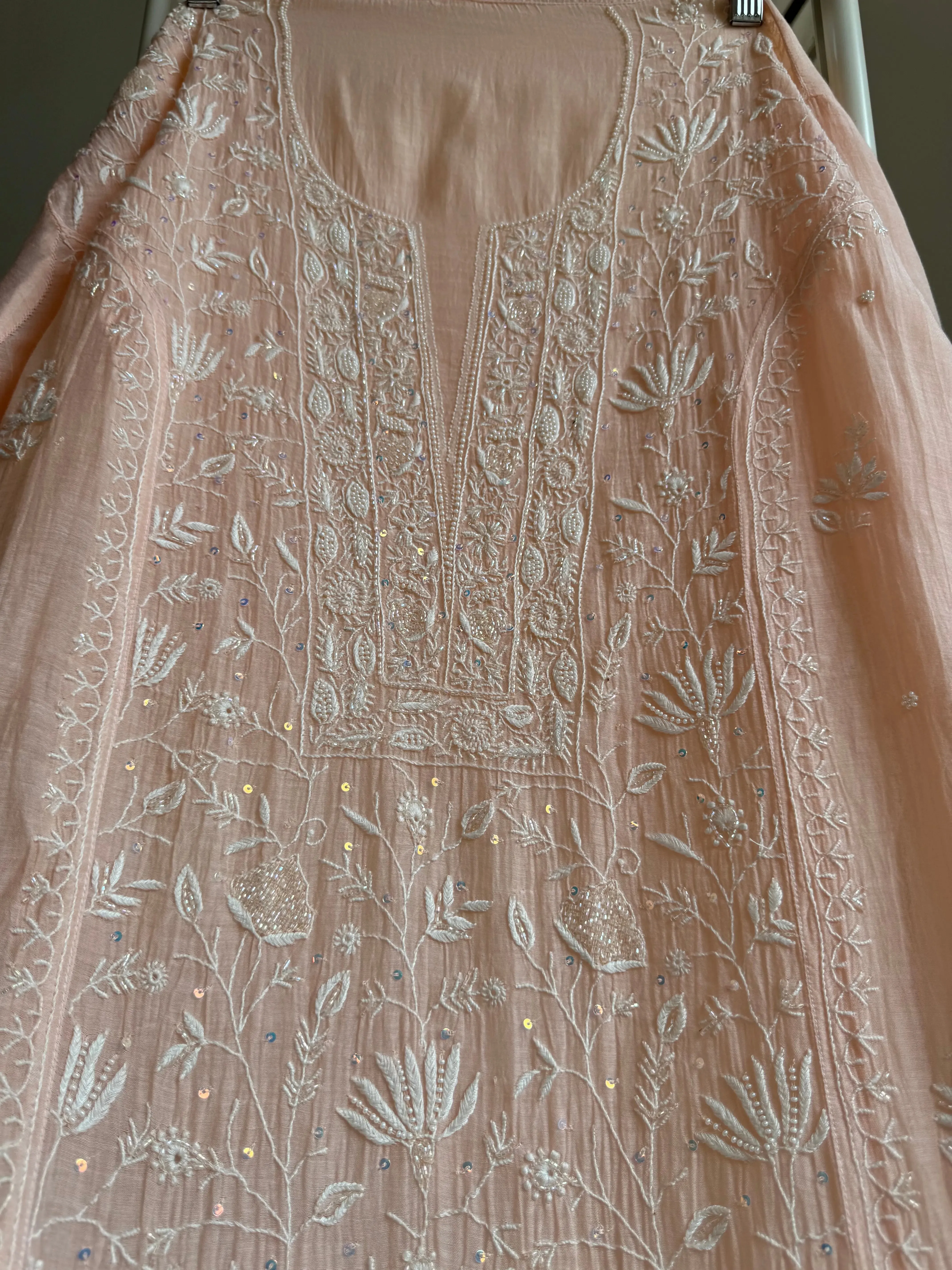 Mul Chanderi Straight Chikankari Tunic - Peach