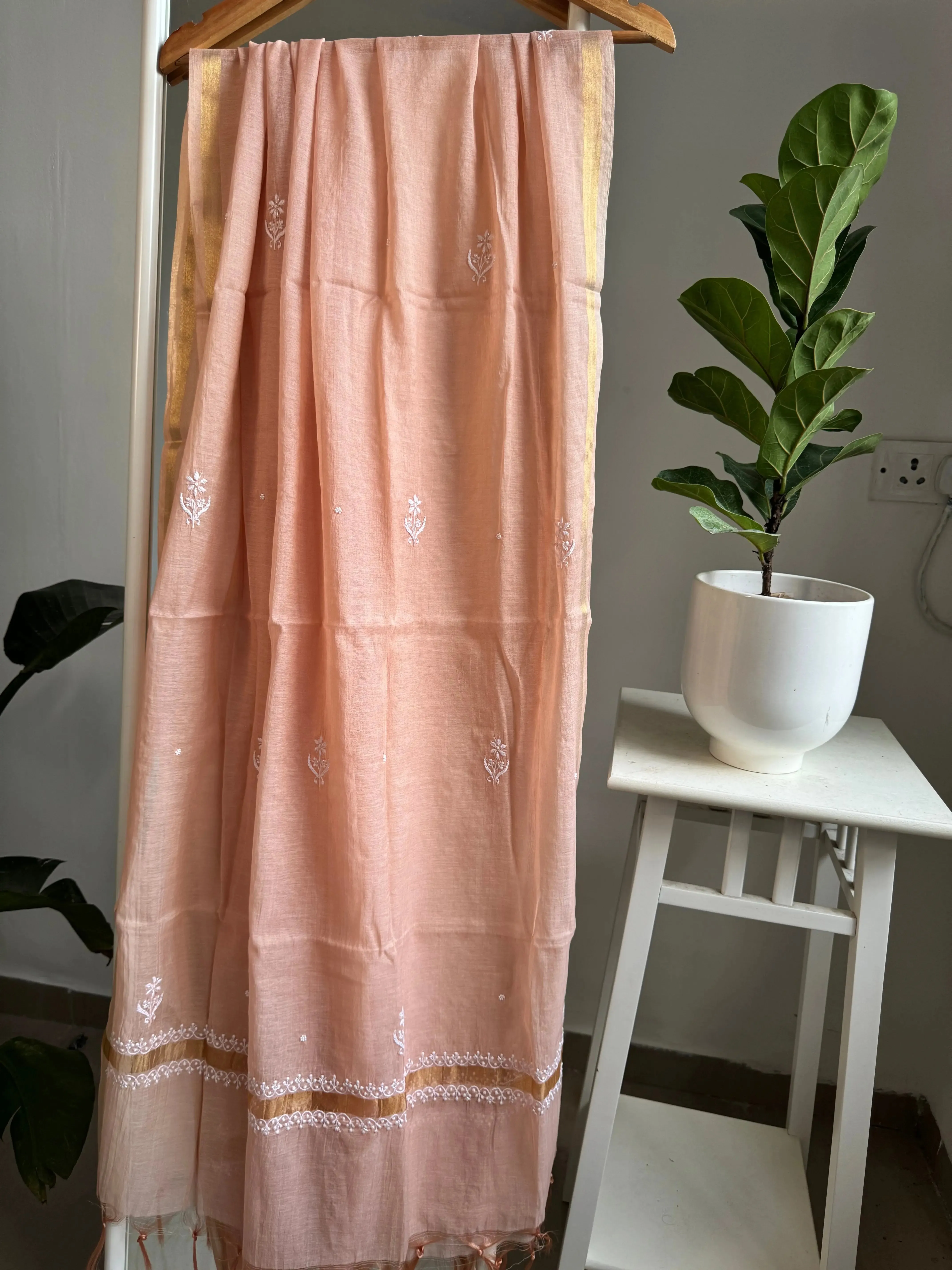 Mul Chanderi Straight Chikankari Tunic - Peach