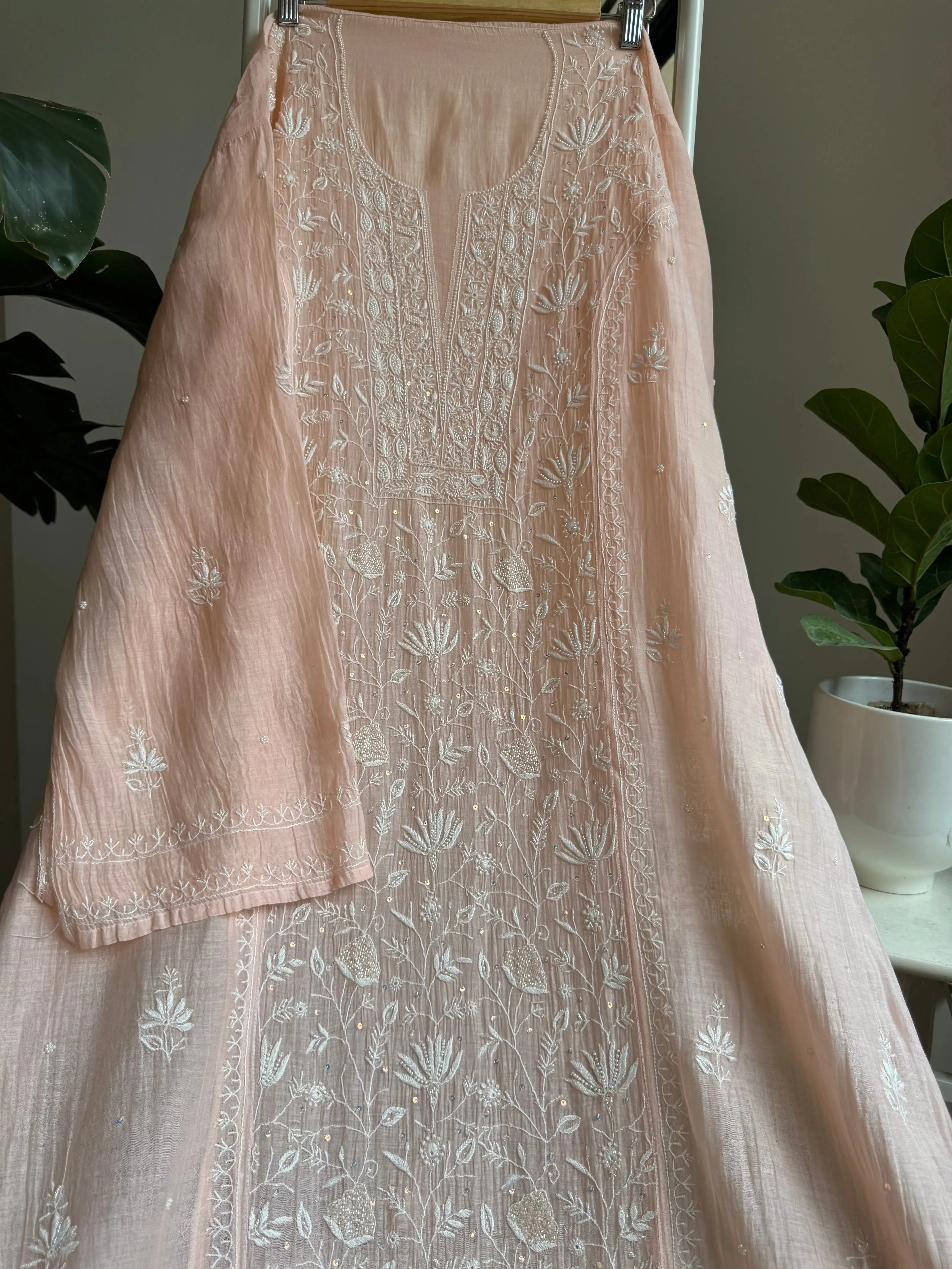 Mul Chanderi Straight Chikankari Tunic - Peach