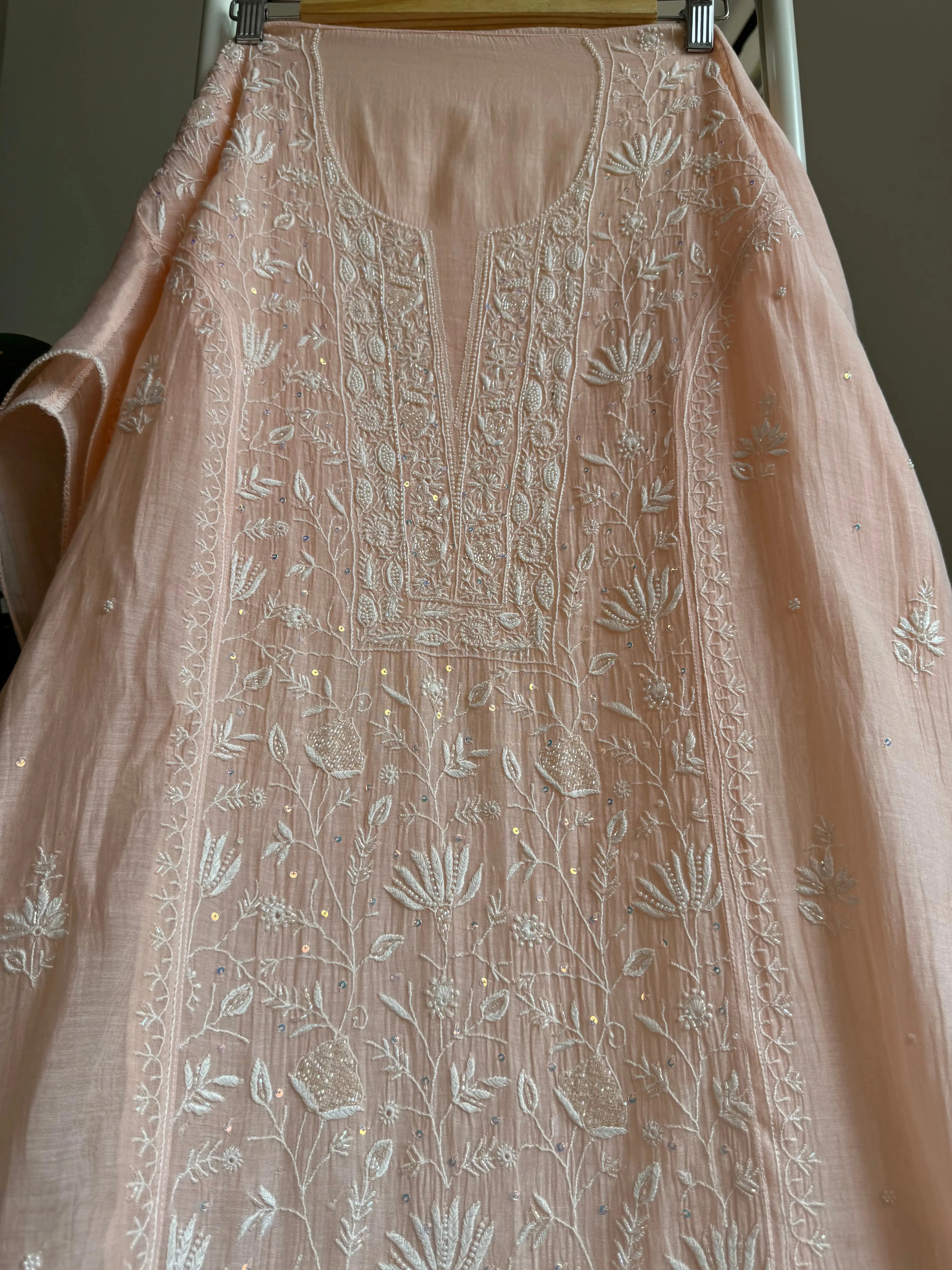 Mul Chanderi Straight Chikankari Tunic - Peach