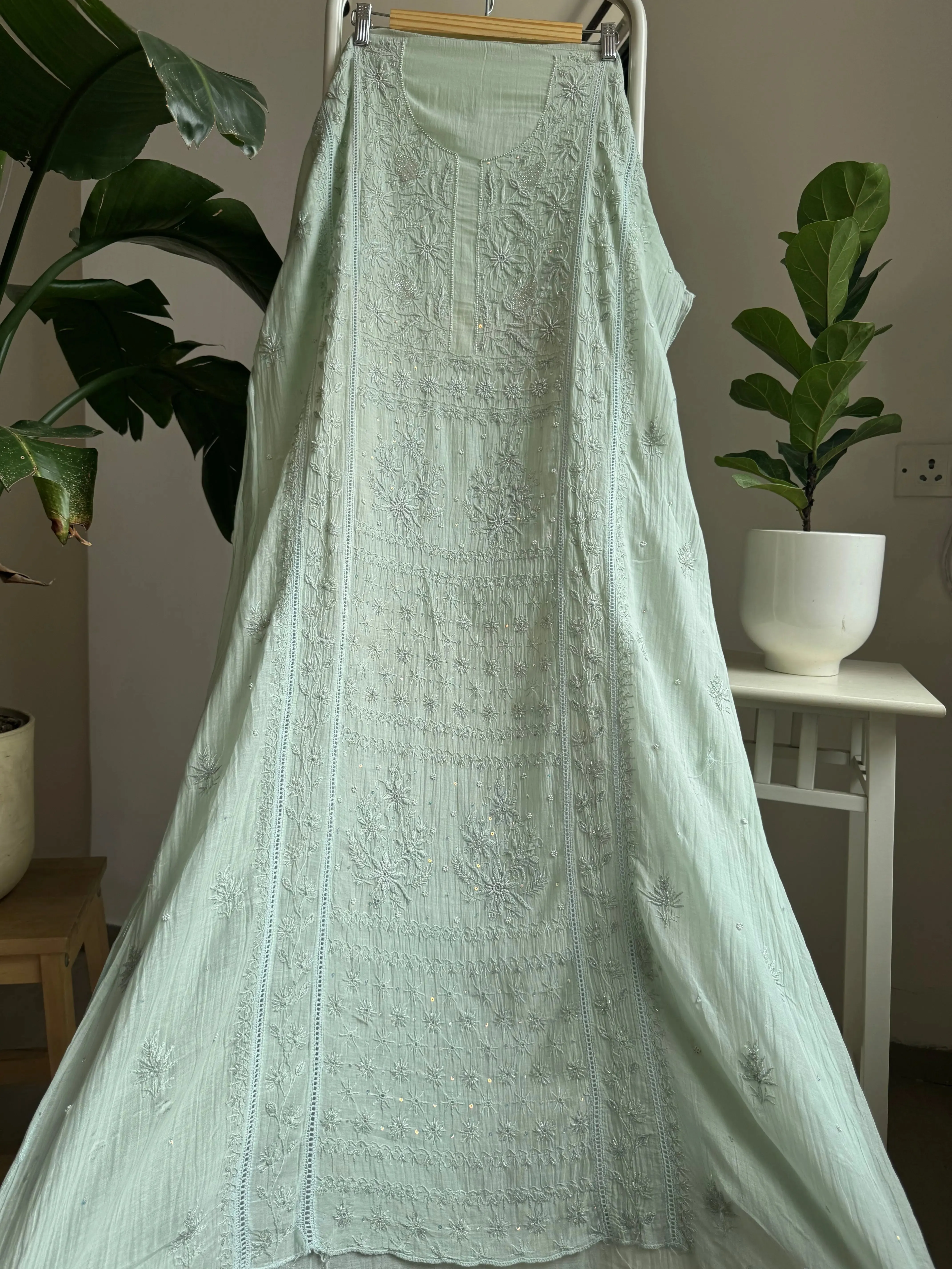 Mul Chanderi Straight Chikankari Tunic - Sage Green