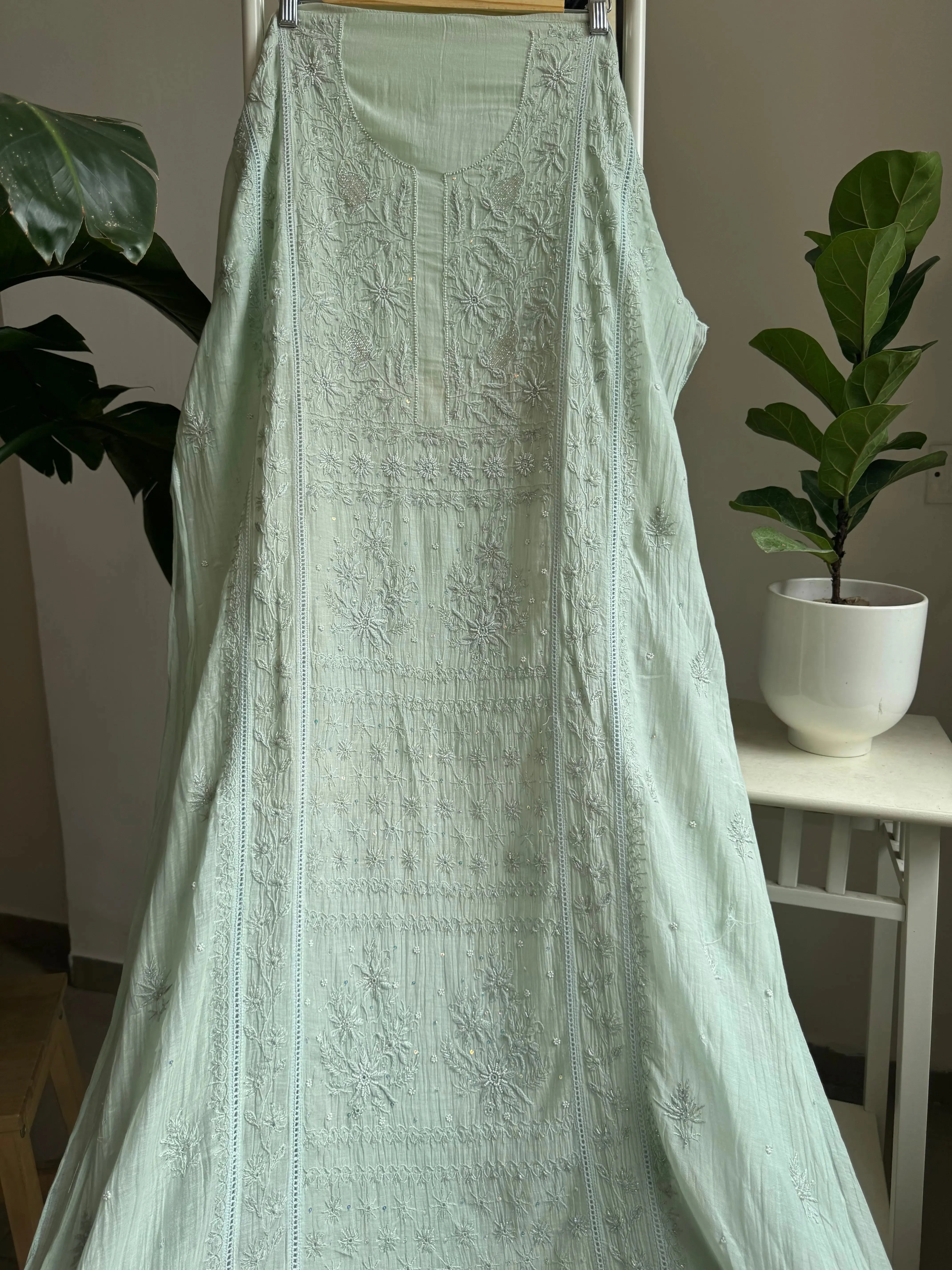 Mul Chanderi Straight Chikankari Tunic - Sage Green