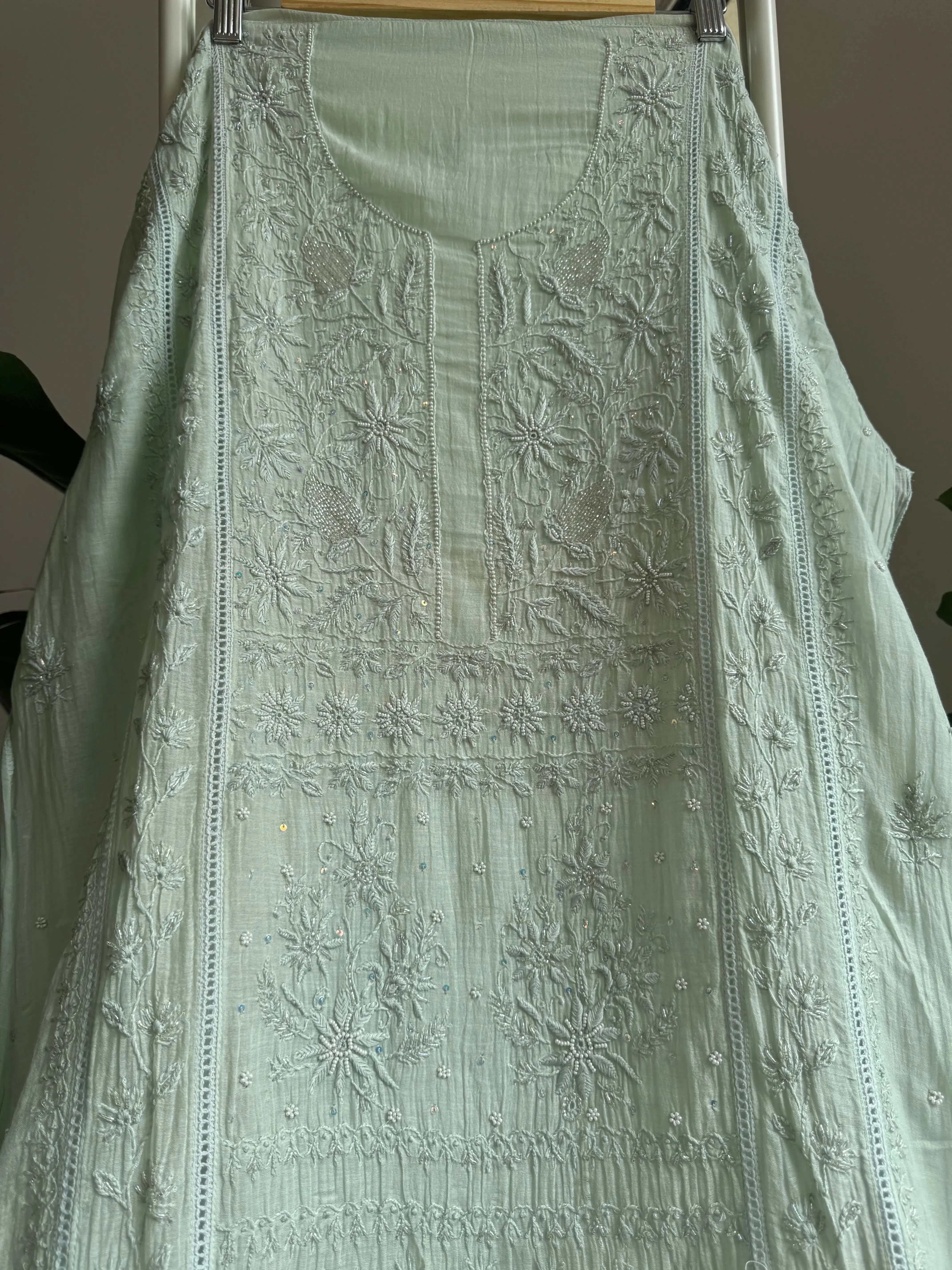 Mul Chanderi Straight Chikankari Tunic - Sage Green