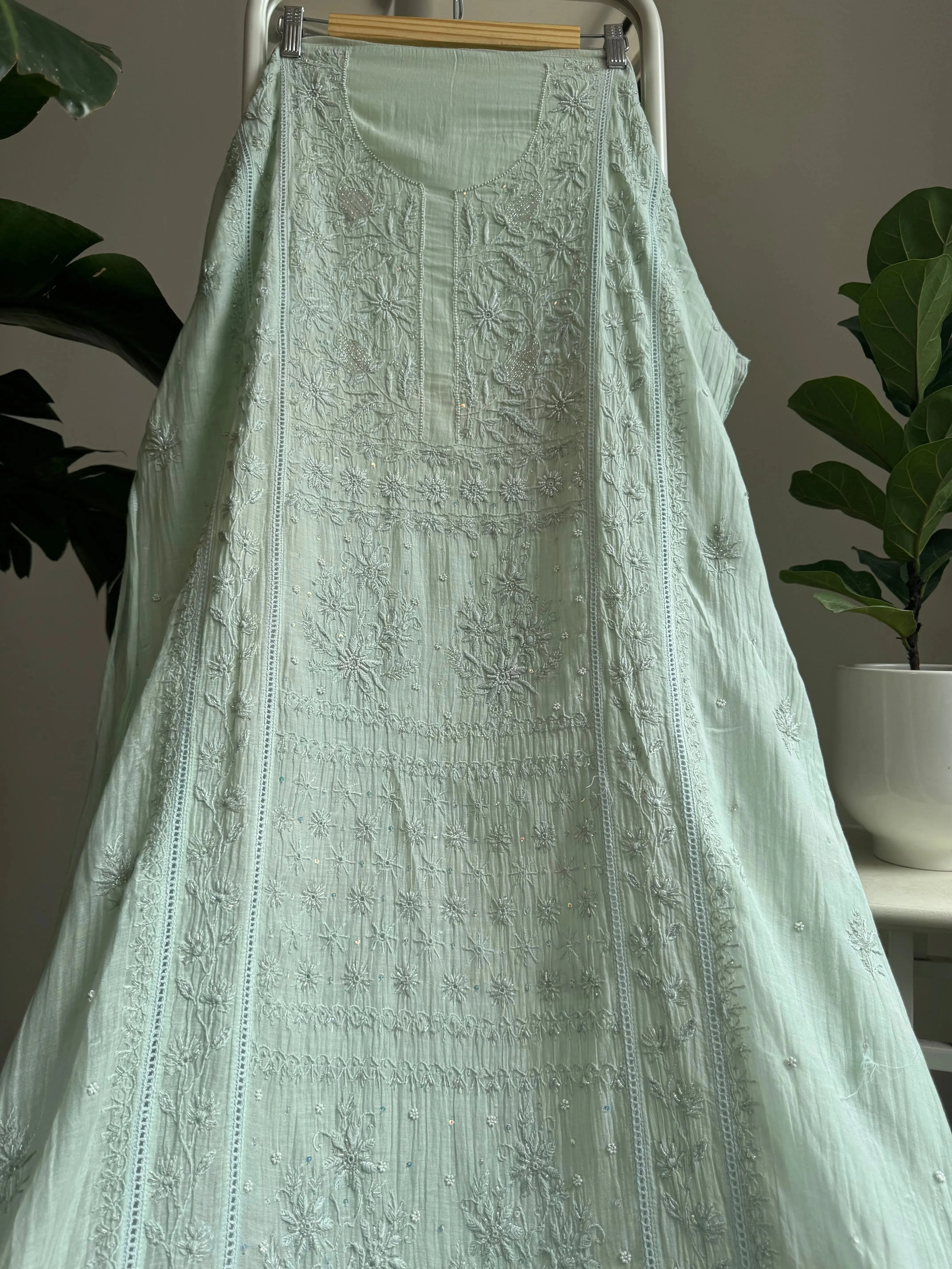 Mul Chanderi Straight Chikankari Tunic - Sage Green